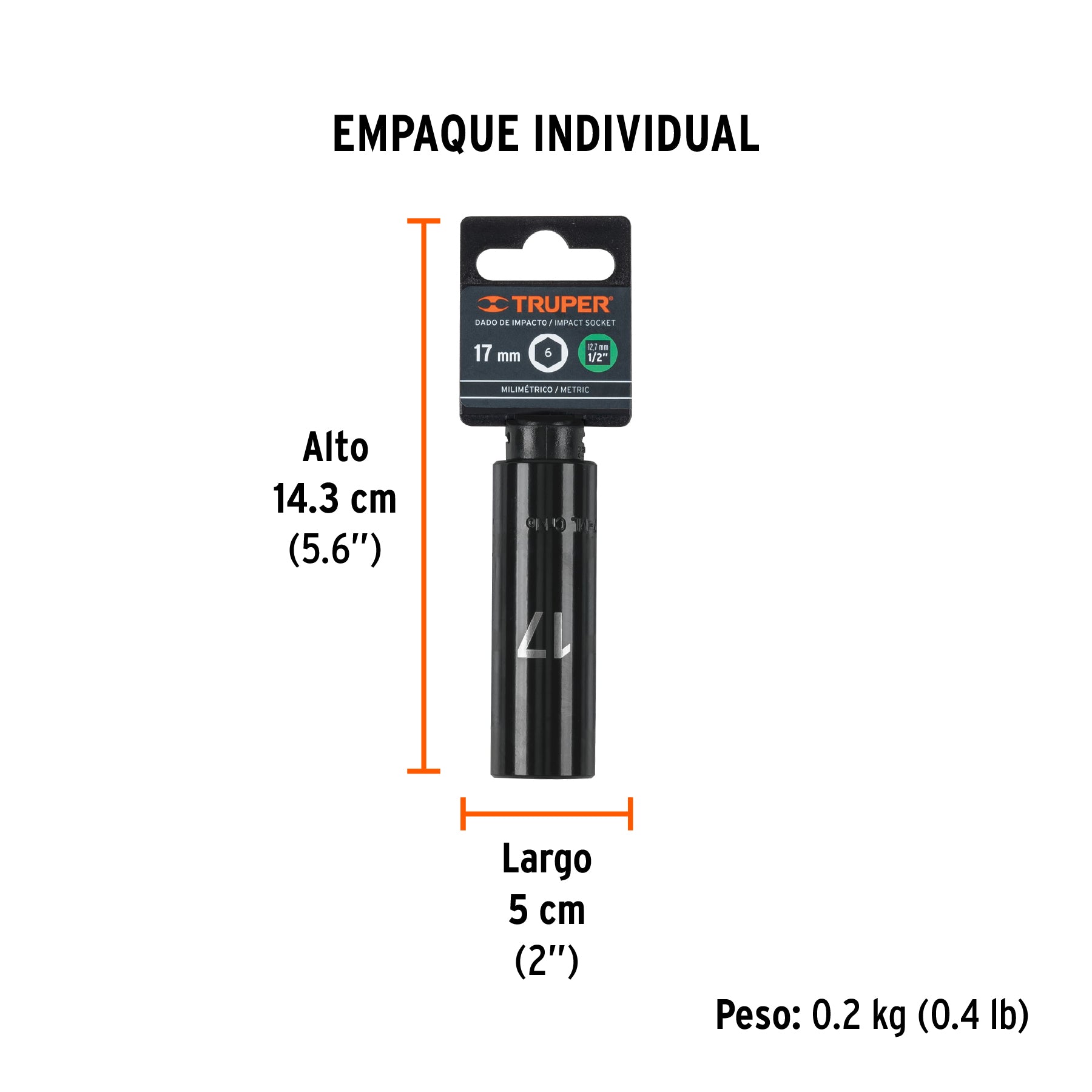 Dado de impacto, largo, 6 puntas, cuadro 1/2" de 17mm