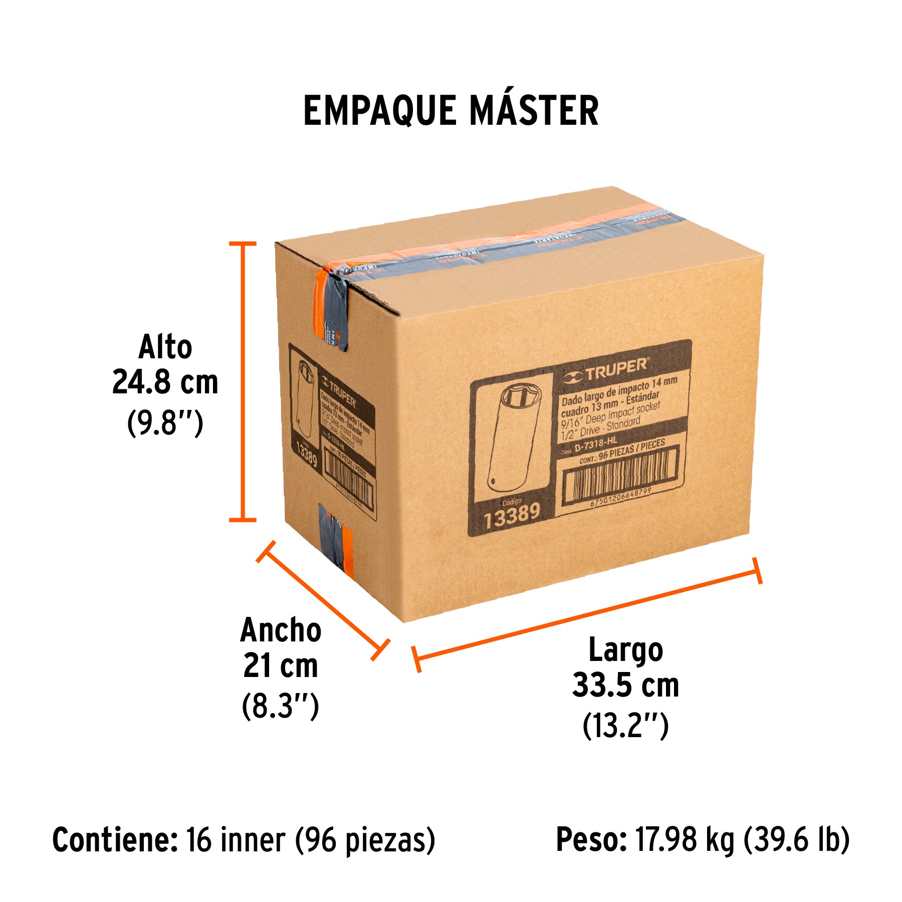 Dado de impacto, largo, 6 puntas, cuadro 1/2" de 9/16"