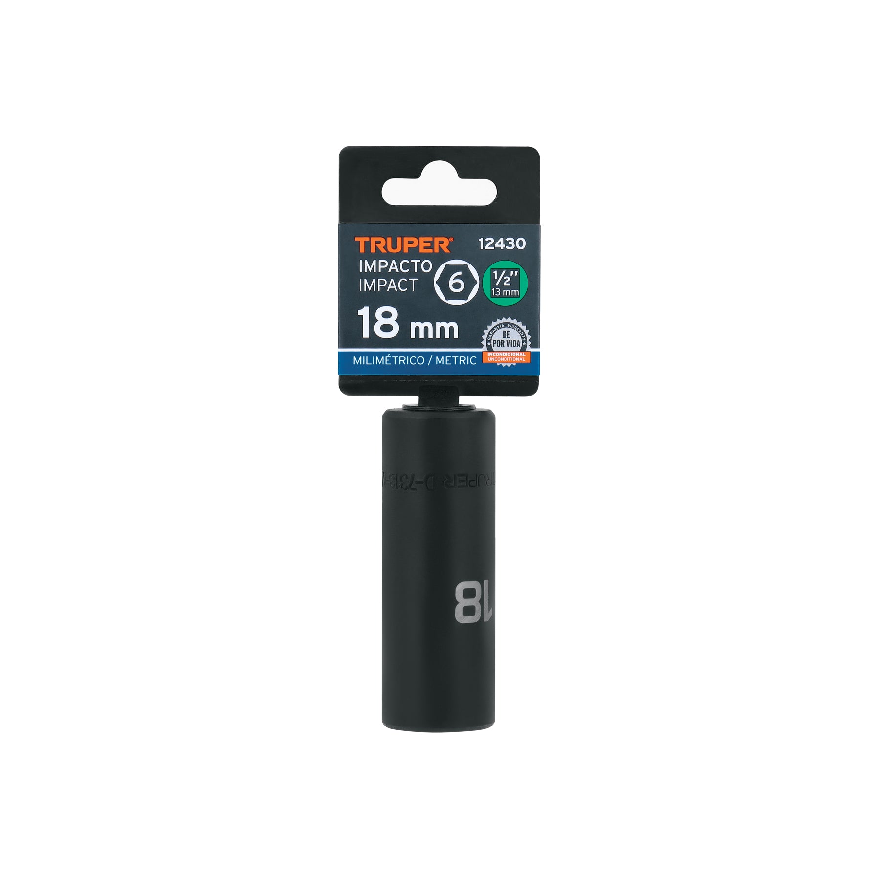 Dado de impacto, largo, 6 puntas, cuadro 1/2" de 18mm