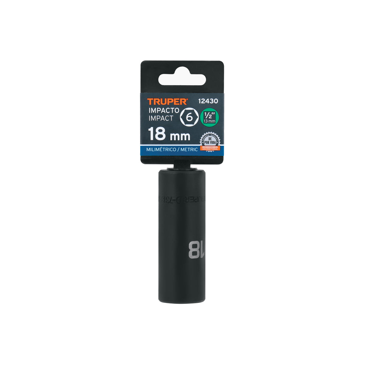 Dado de impacto, largo, 6 puntas, cuadro 1/2" de 18mm