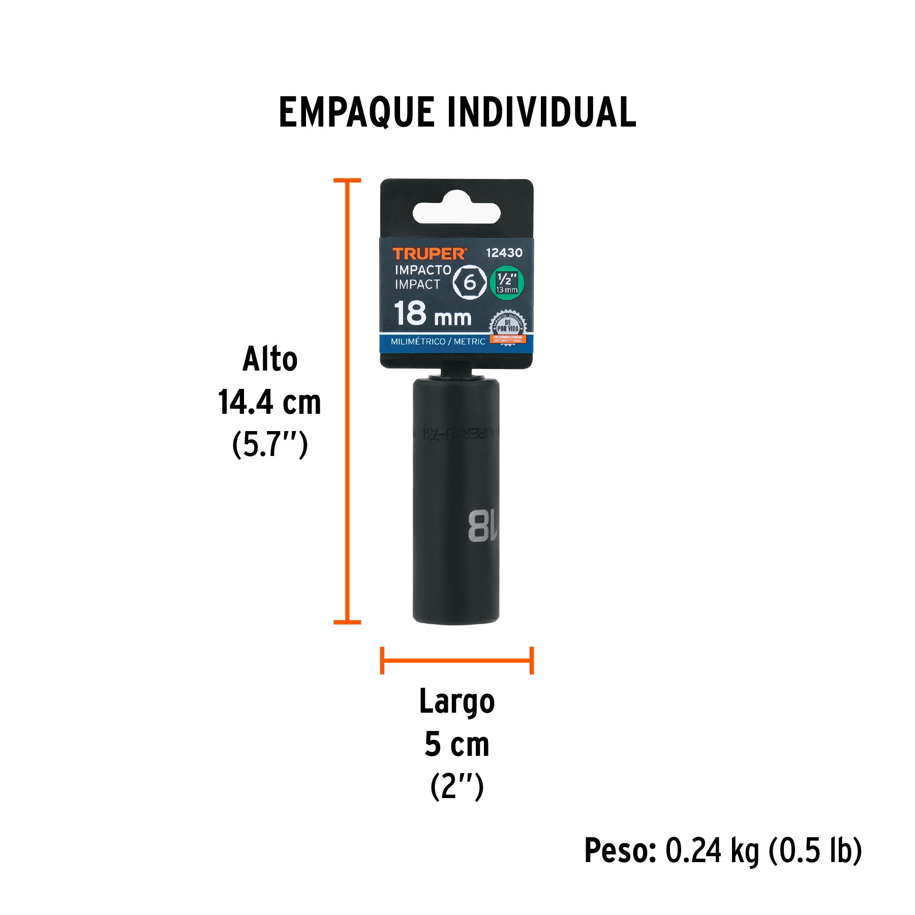Dado de impacto, largo, 6 puntas, cuadro 1/2" de 18mm