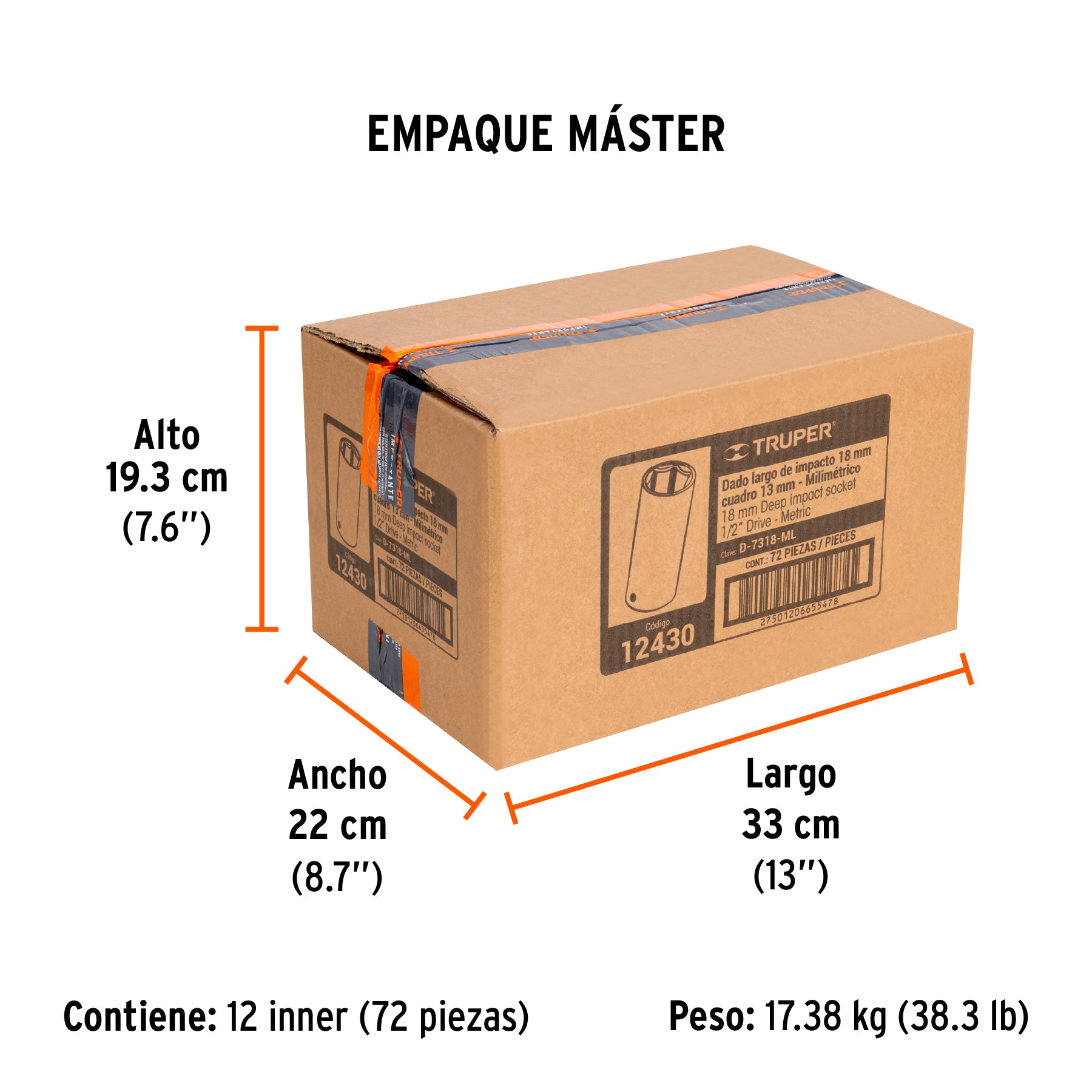 Dado de impacto, largo, 6 puntas, cuadro 1/2" de 18mm