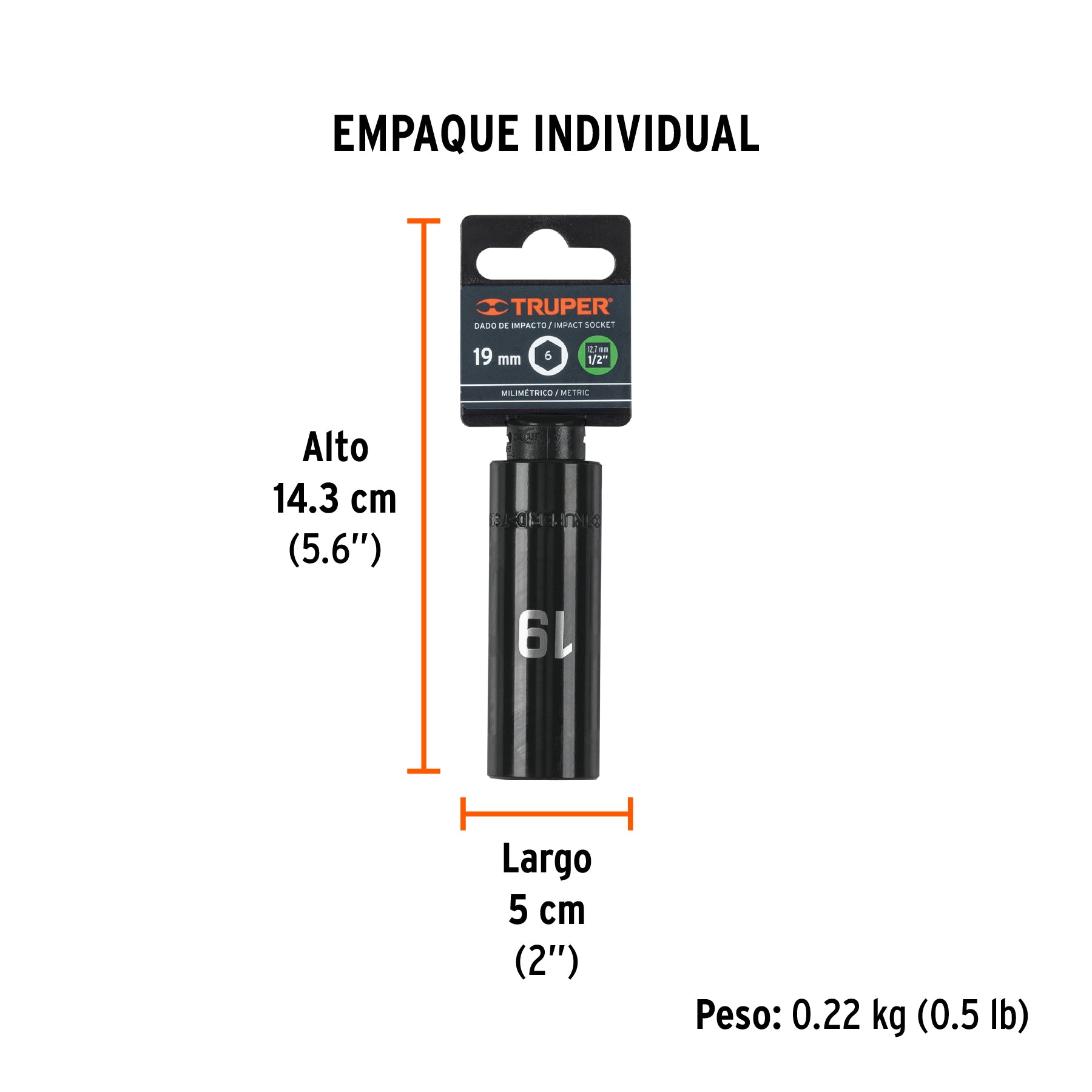 Dado de impacto, largo, 6 puntas, cuadro 1/2" de 19mm