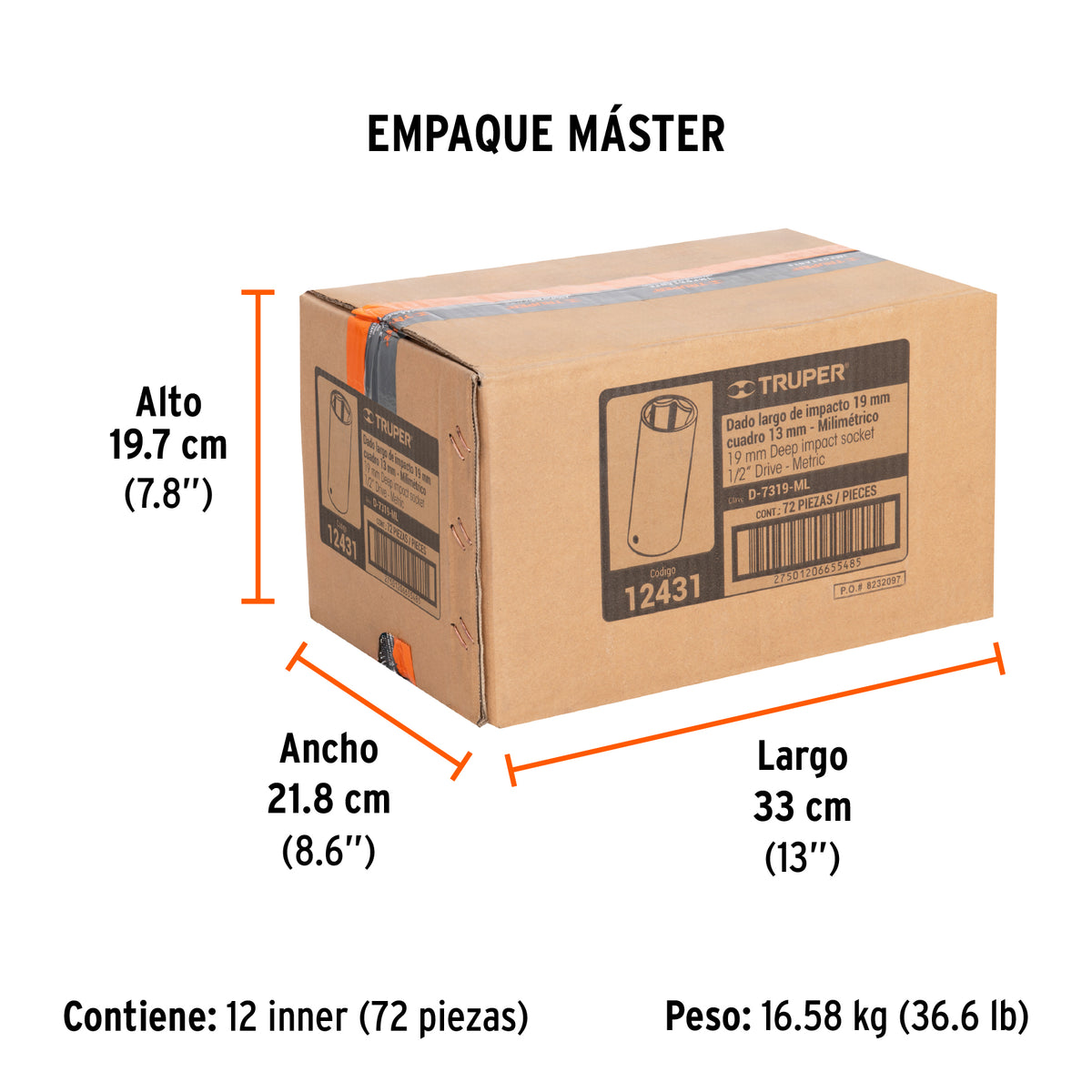 Dado de impacto, largo, 6 puntas, cuadro 1/2" de 19mm