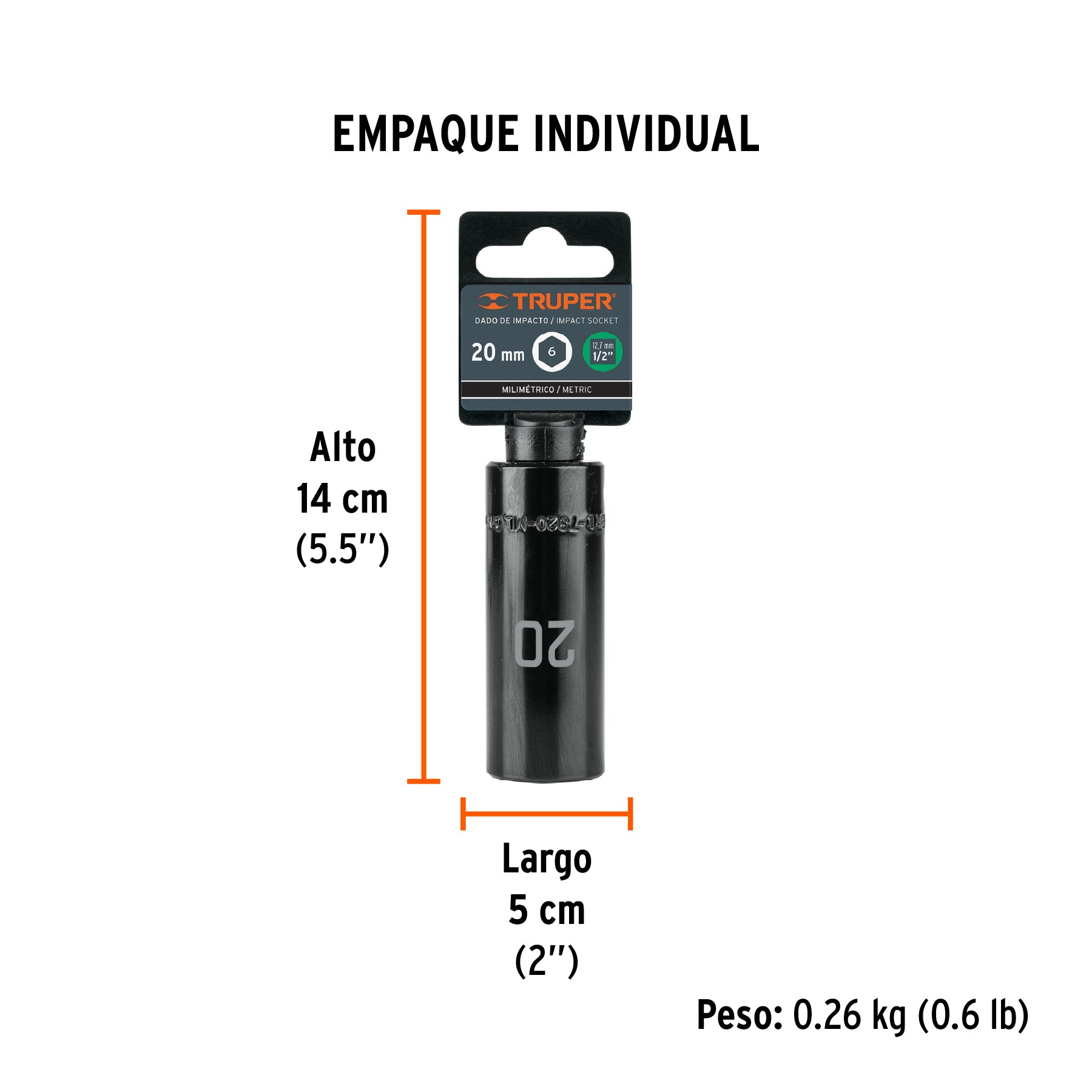 Dado de impacto, largo, 6 puntas, cuadro 1/2" de 20mm