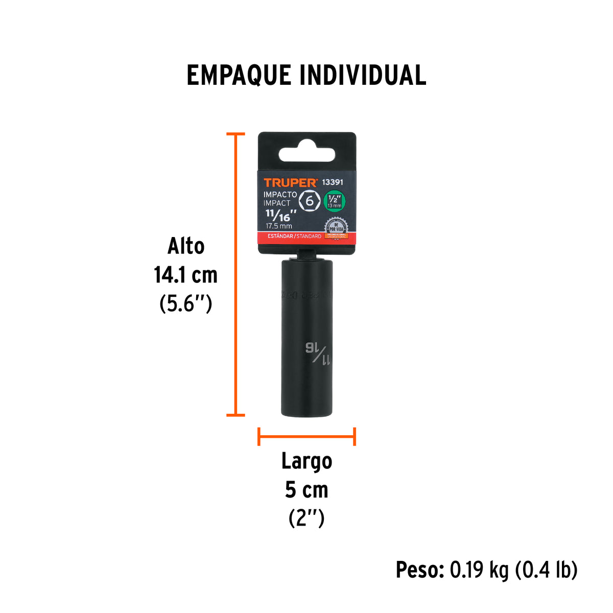 Dado de impacto, largo, 6 puntas, cuadro 1/2" de 11/16"