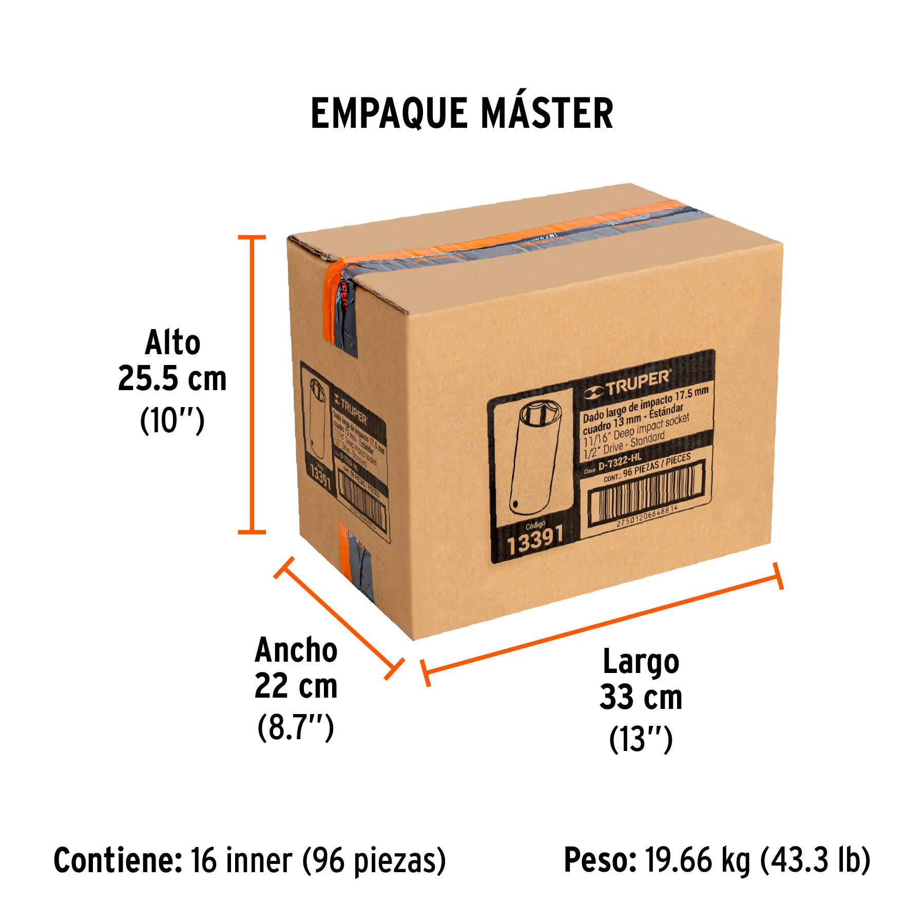 Dado de impacto, largo, 6 puntas, cuadro 1/2" de 11/16"