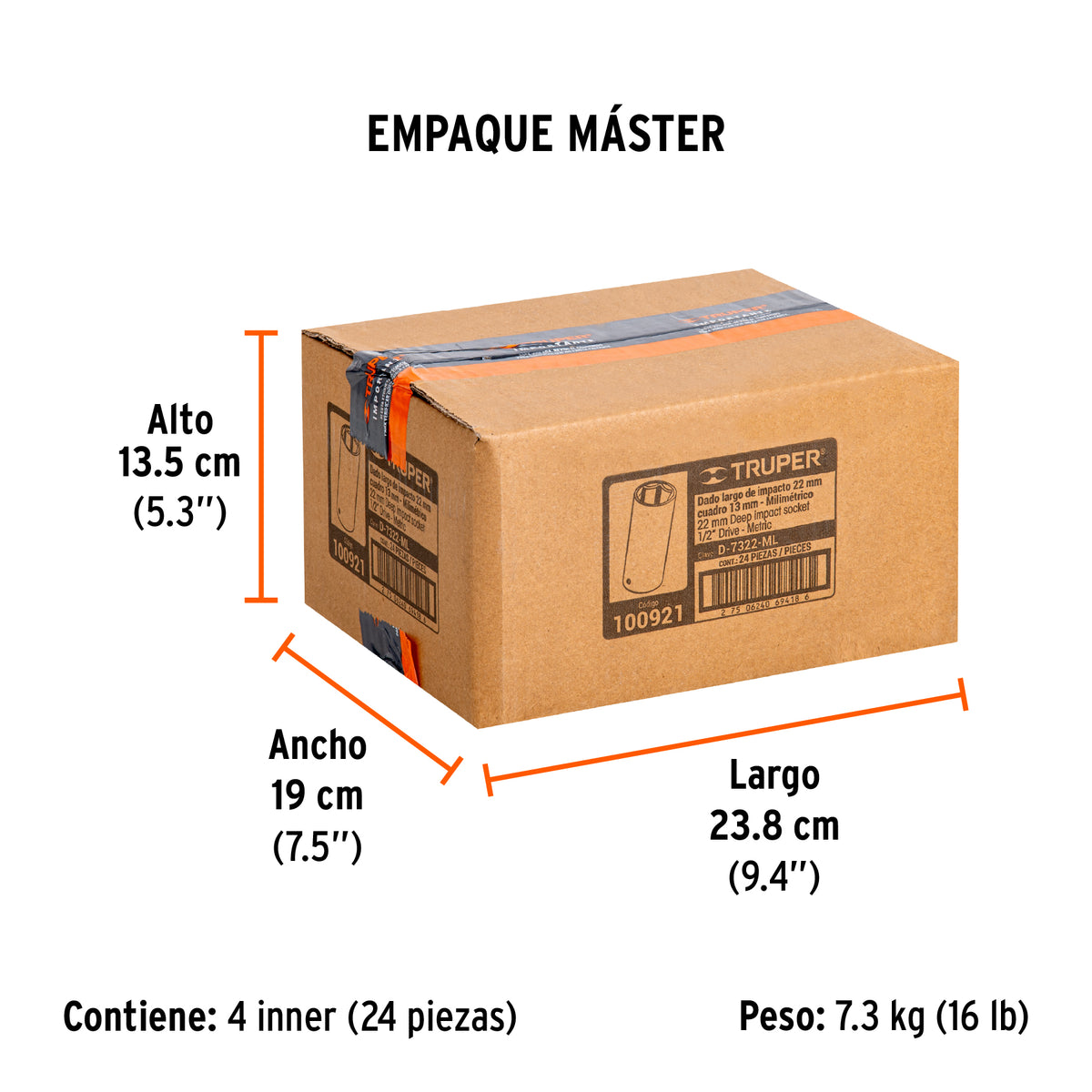 Dado largo impacto de 22 mm, 6 puntas, cuadro 1/2', Truper
