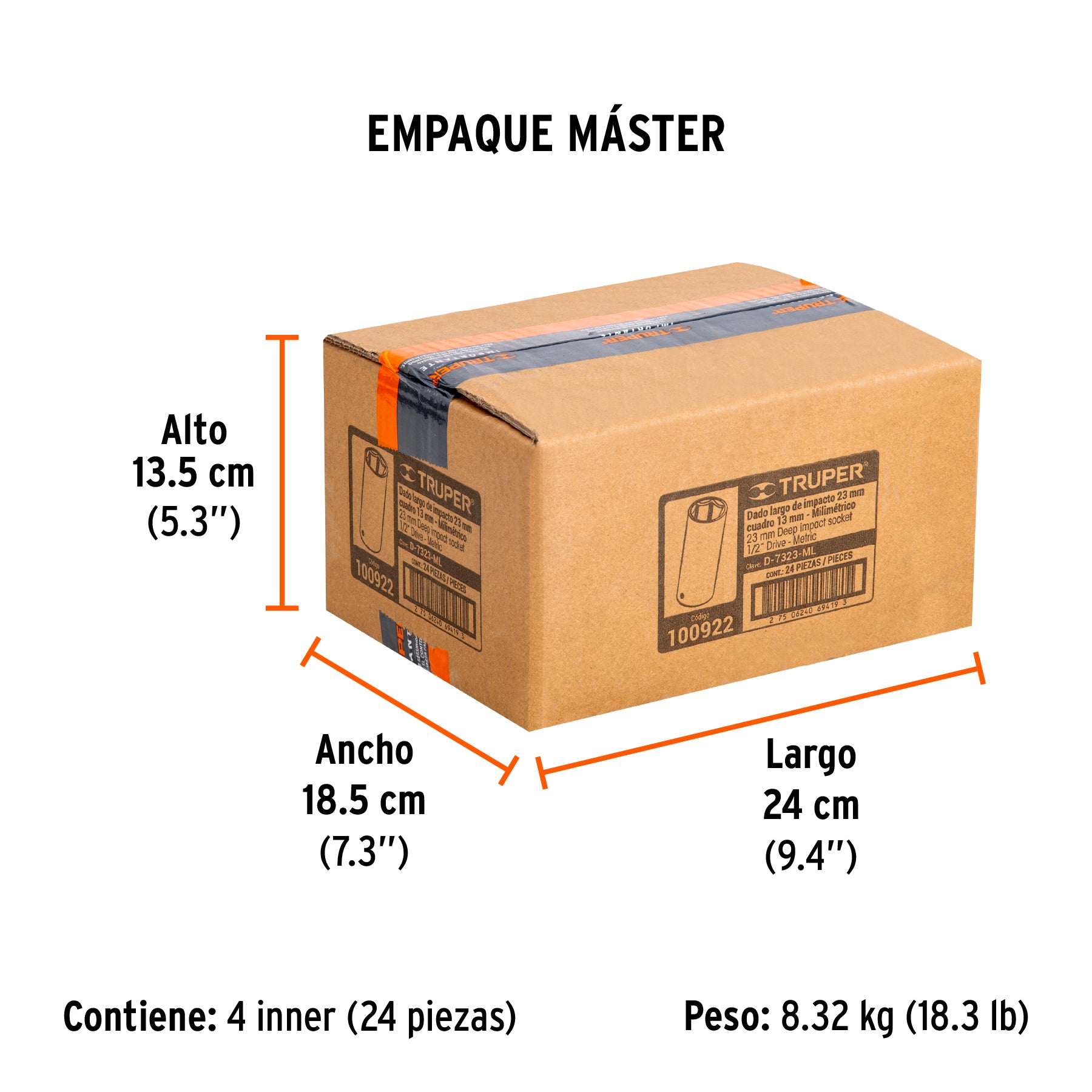 Dado largo impacto de 23 mm, 6 puntas, cuadro 1/2', Truper