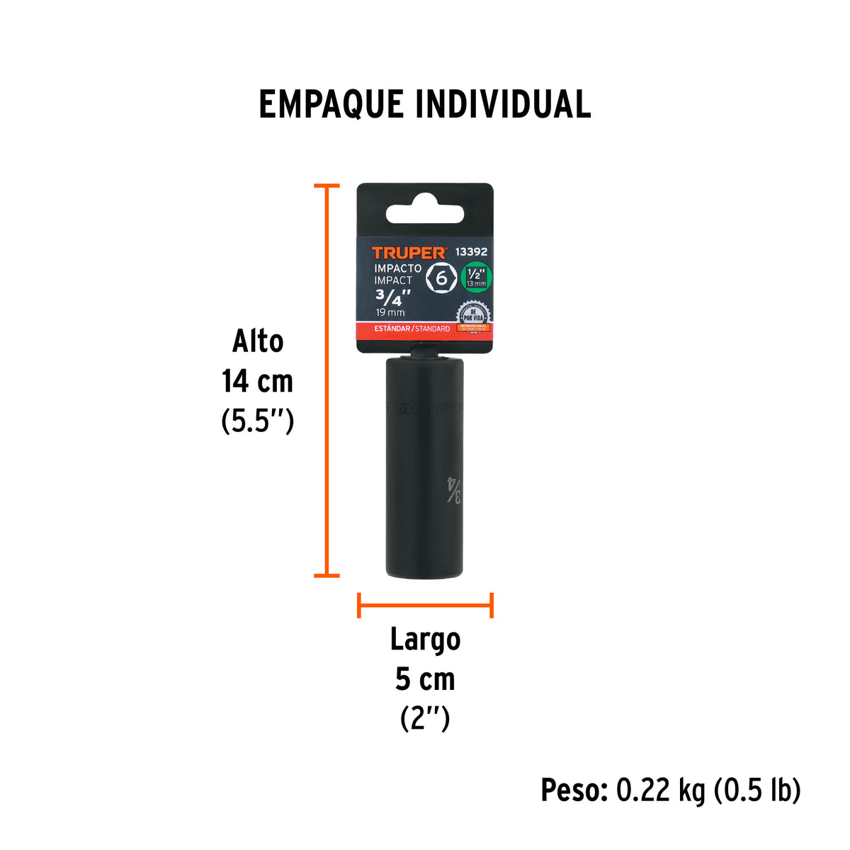 Dado de impacto, largo, 6 puntas, cuadro 1/2" de 3/4"