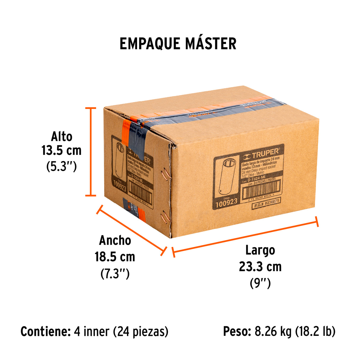 Dado largo impacto de 24 mm, 6 puntas, cuadro 1/2', Truper