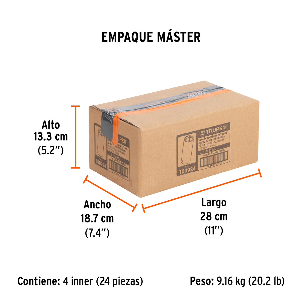 Dado largo impacto de 25 mm, 6 puntas, cuadro 1/2', Truper