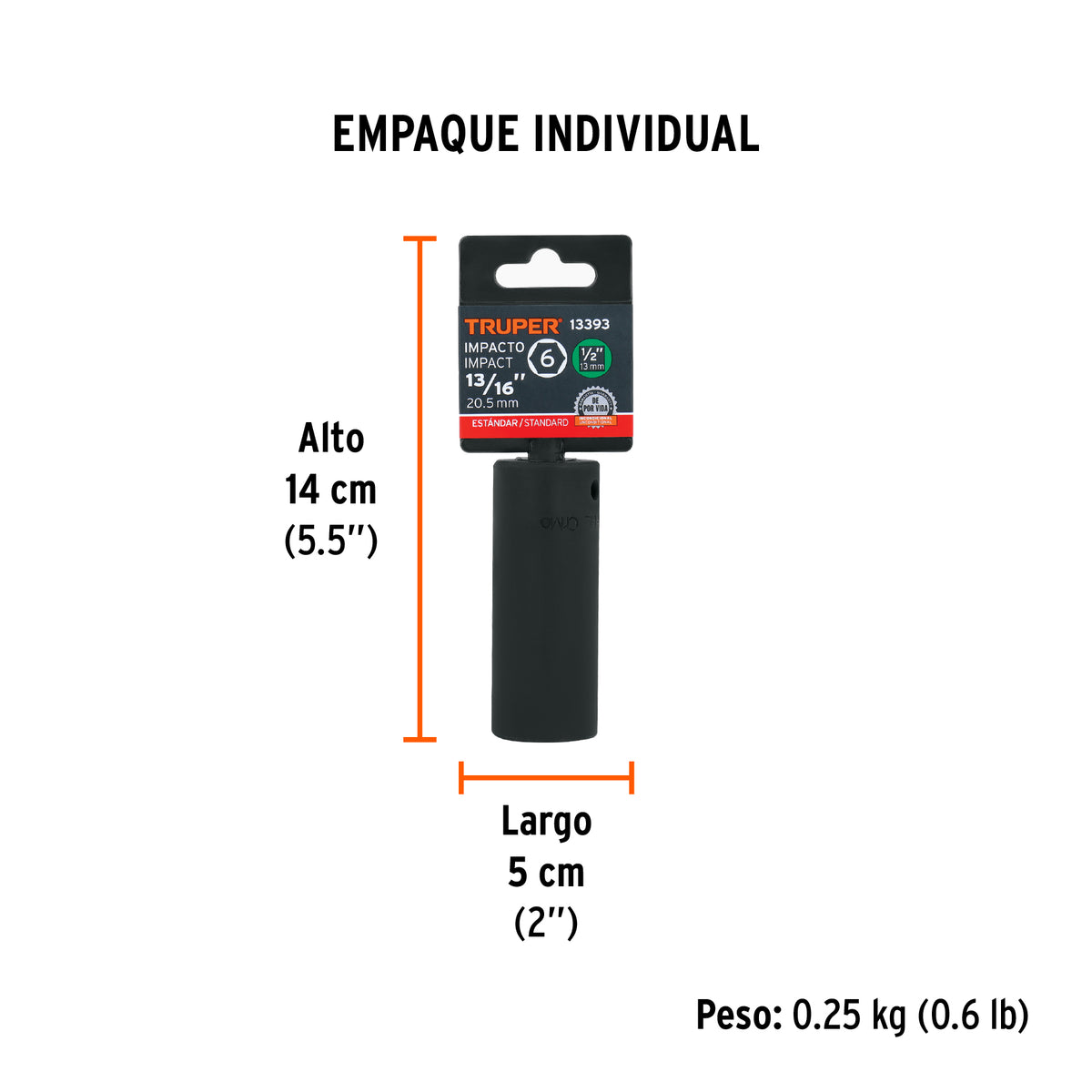 Dado de impacto, largo, 6 puntas, cuadro 1/2" de 13/16"