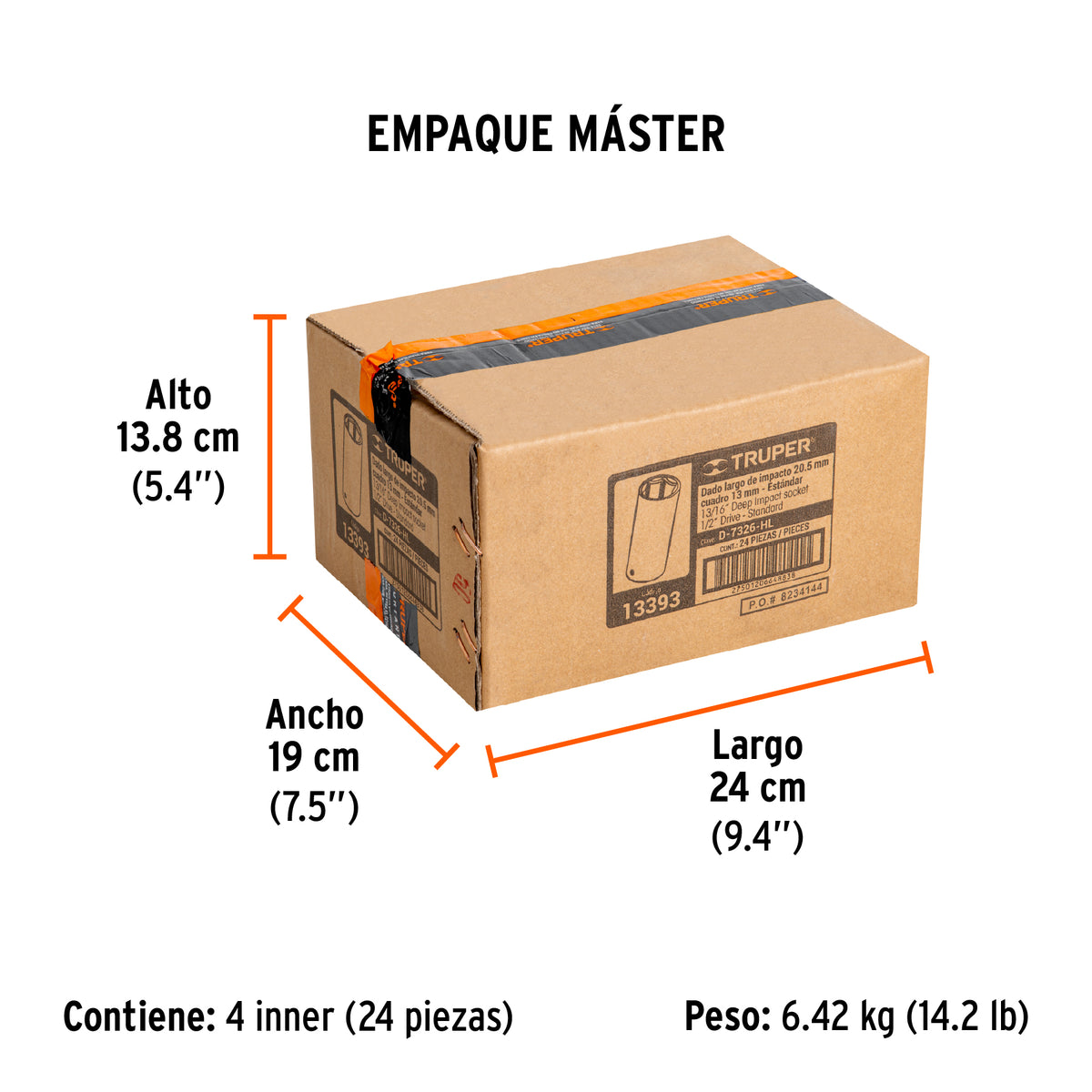Dado de impacto, largo, 6 puntas, cuadro 1/2" de 13/16"