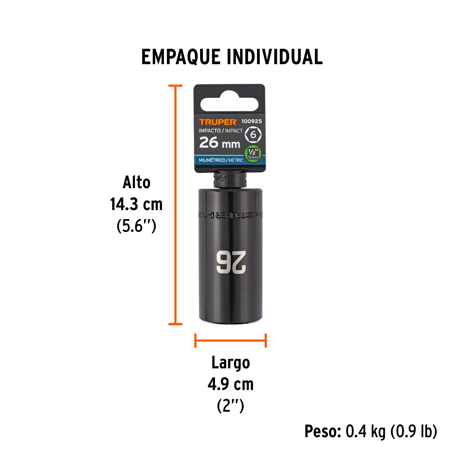 Dado largo impacto de 26 mm, 6 puntas, cuadro 1/2', Truper