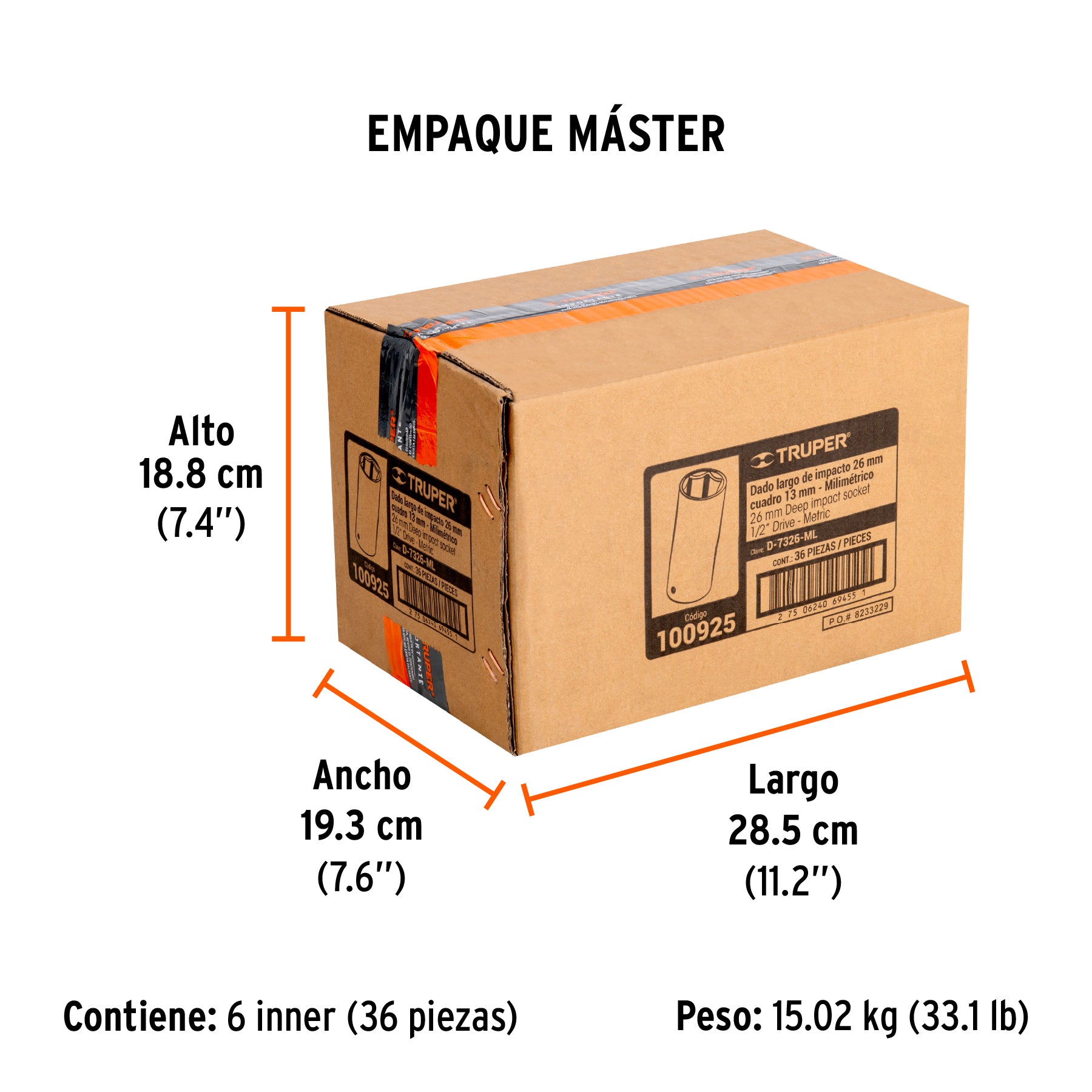 Dado largo impacto de 26 mm, 6 puntas, cuadro 1/2', Truper