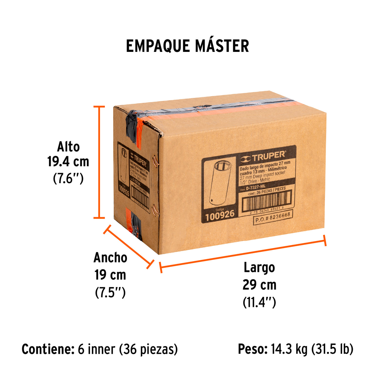 Dado largo impacto de 27 mm, 6 puntas, cuadro 1/2', Truper