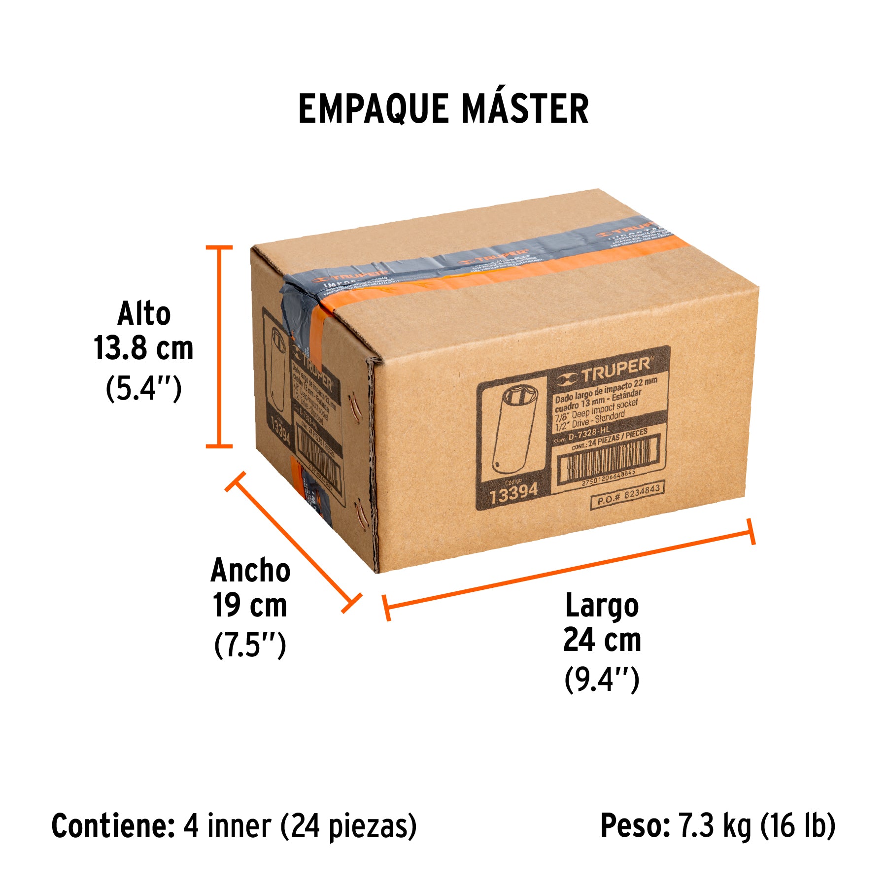 Dado de impacto, largo, 6 puntas, cuadro 1/2" de 7/8"