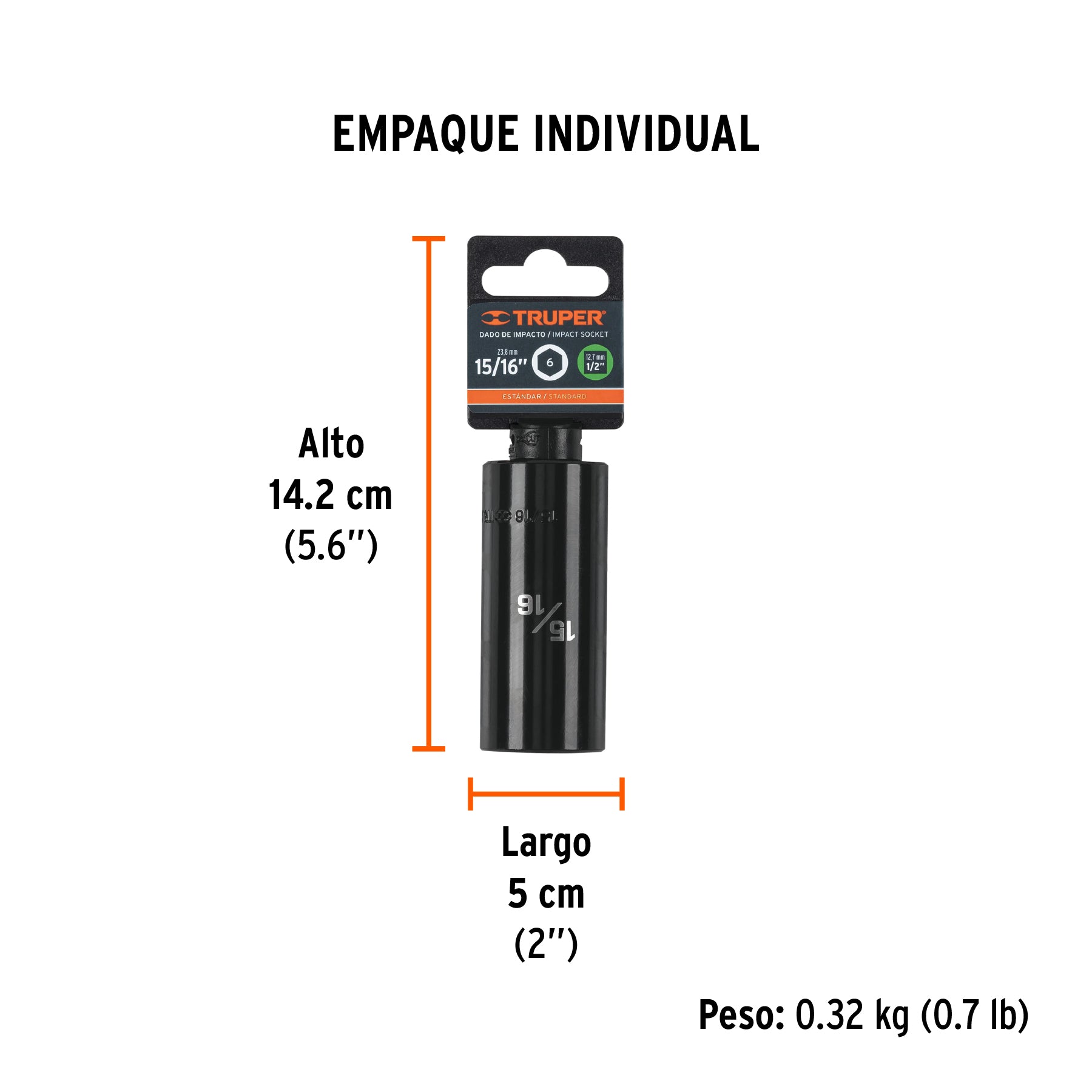 Dado de impacto, largo, 6 puntas, cuadro 1/2" de 15/16"