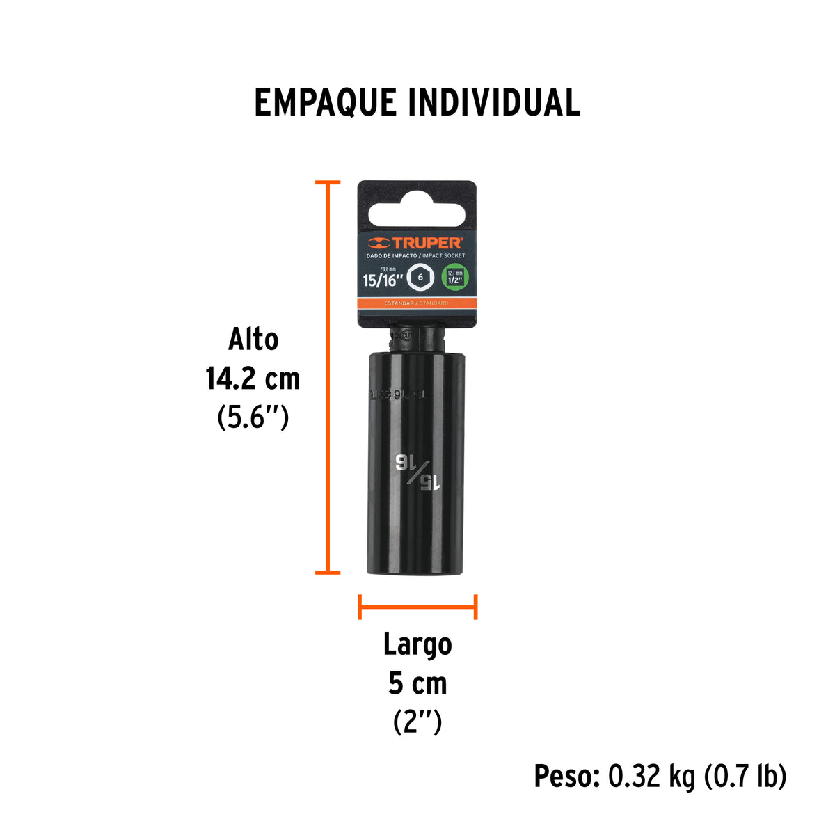 Dado de impacto, largo, 6 puntas, cuadro 1/2" de 15/16"