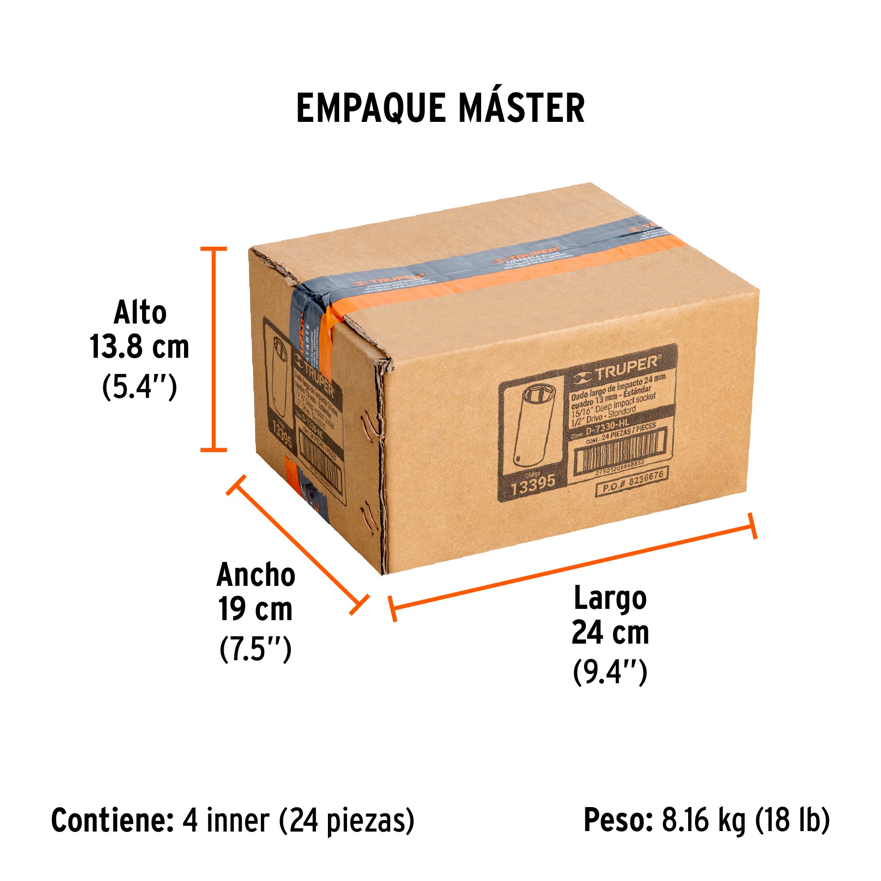 Dado de impacto, largo, 6 puntas, cuadro 1/2" de 15/16"