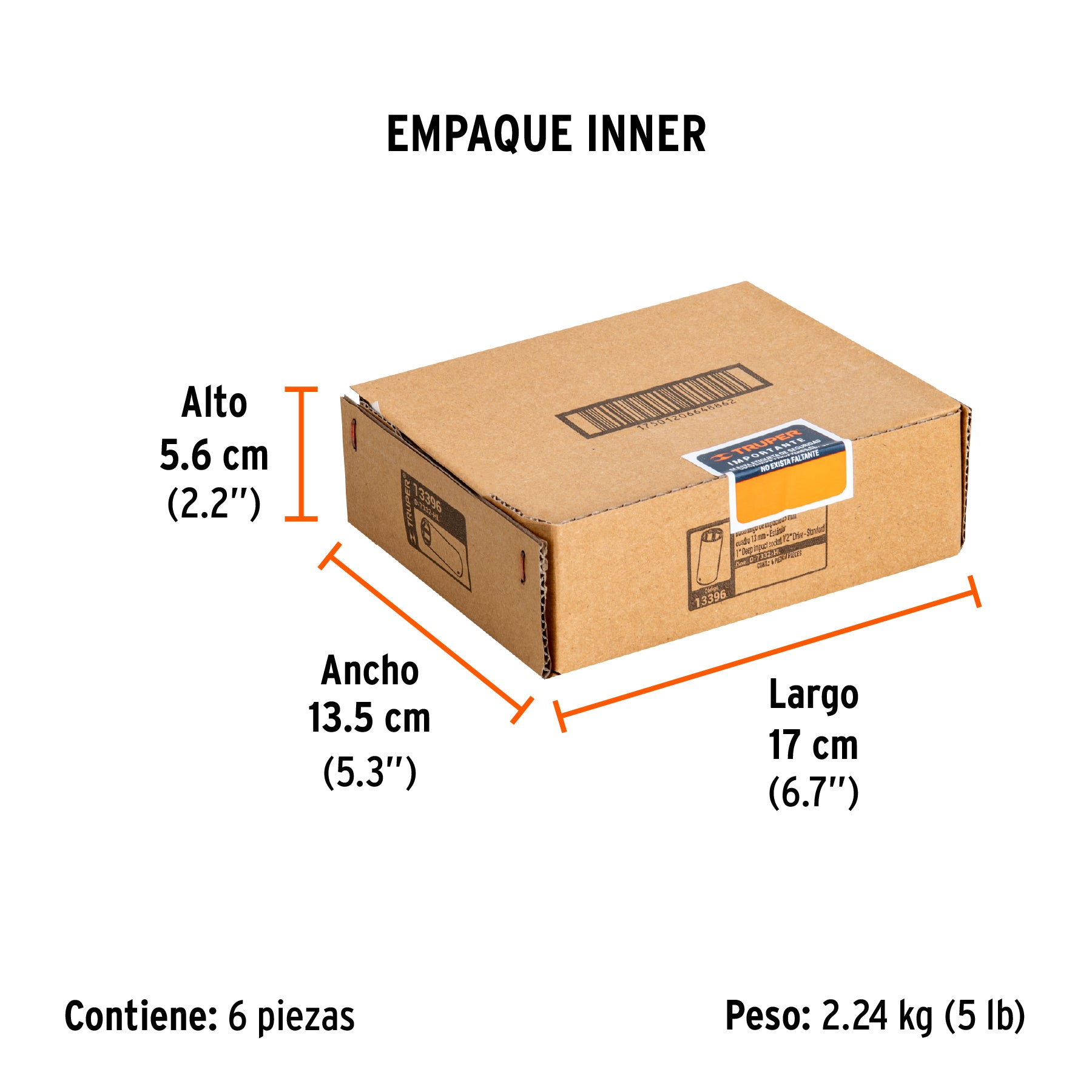 Dado de impacto, largo, 6 puntas, cuadro 1/2" de 1"