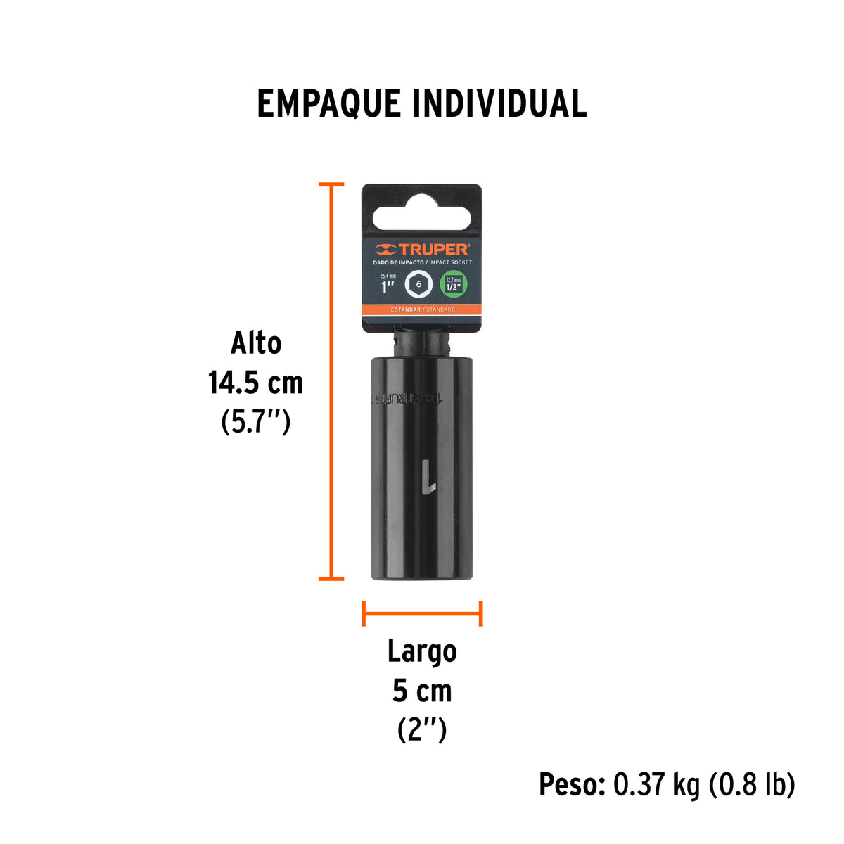 Dado de impacto, largo, 6 puntas, cuadro 1/2" de 1"