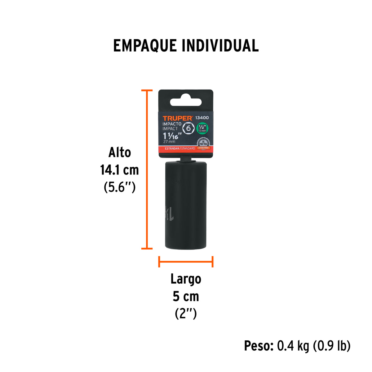 Dado de impacto, 6 puntas, cuadro 1/2" de 1-1/16"..