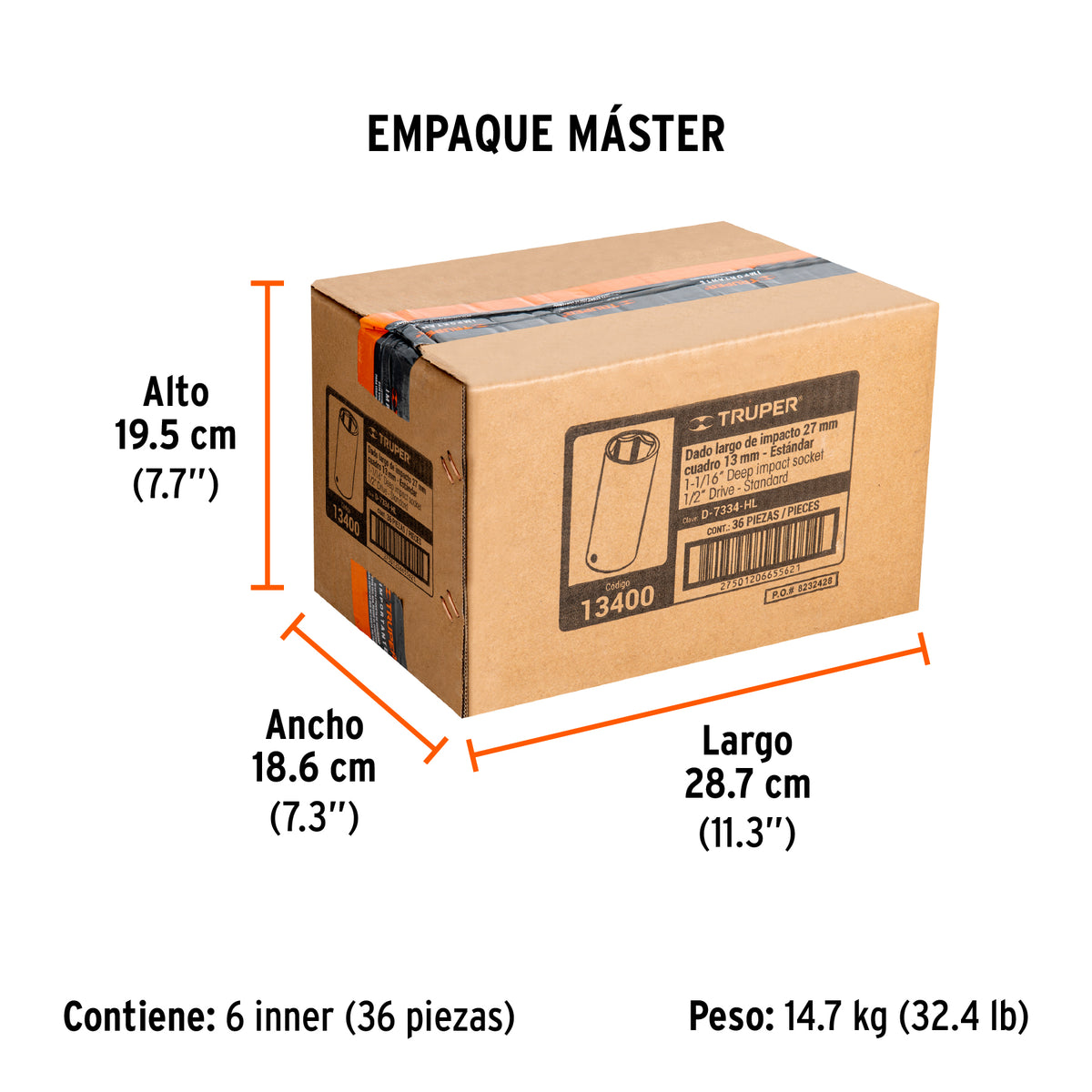Dado de impacto, 6 puntas, cuadro 1/2" de 1-1/16"..