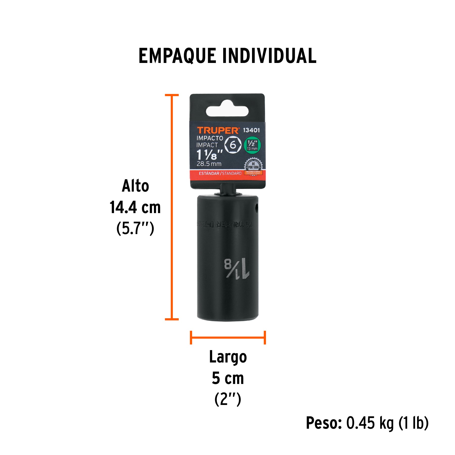 Dado de impacto, 6 puntas, cuadro 1/2" de 1-1/8"..