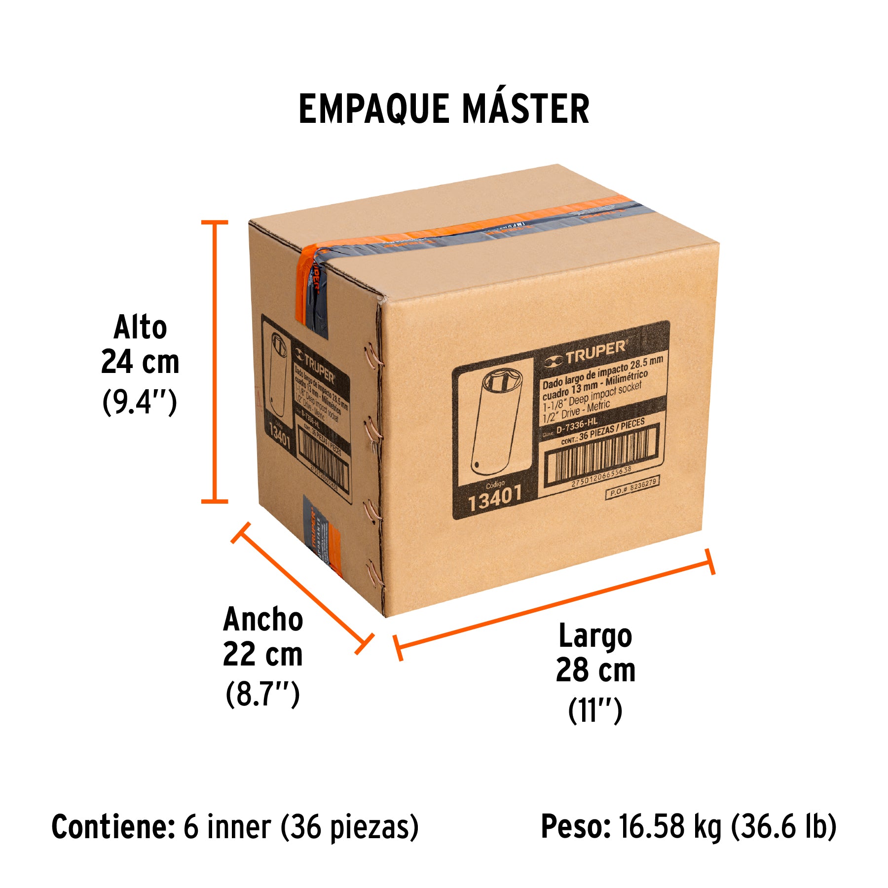 Dado de impacto, 6 puntas, cuadro 1/2" de 1-1/8"..