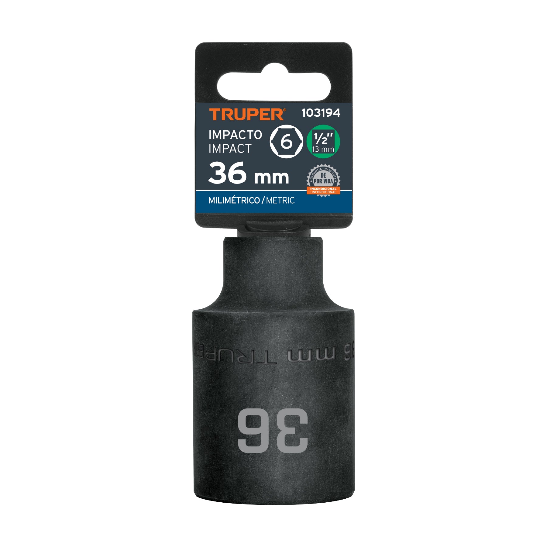 Dado largo impacto de 36 mm, 6 puntas, cuadro 1/2', Truper