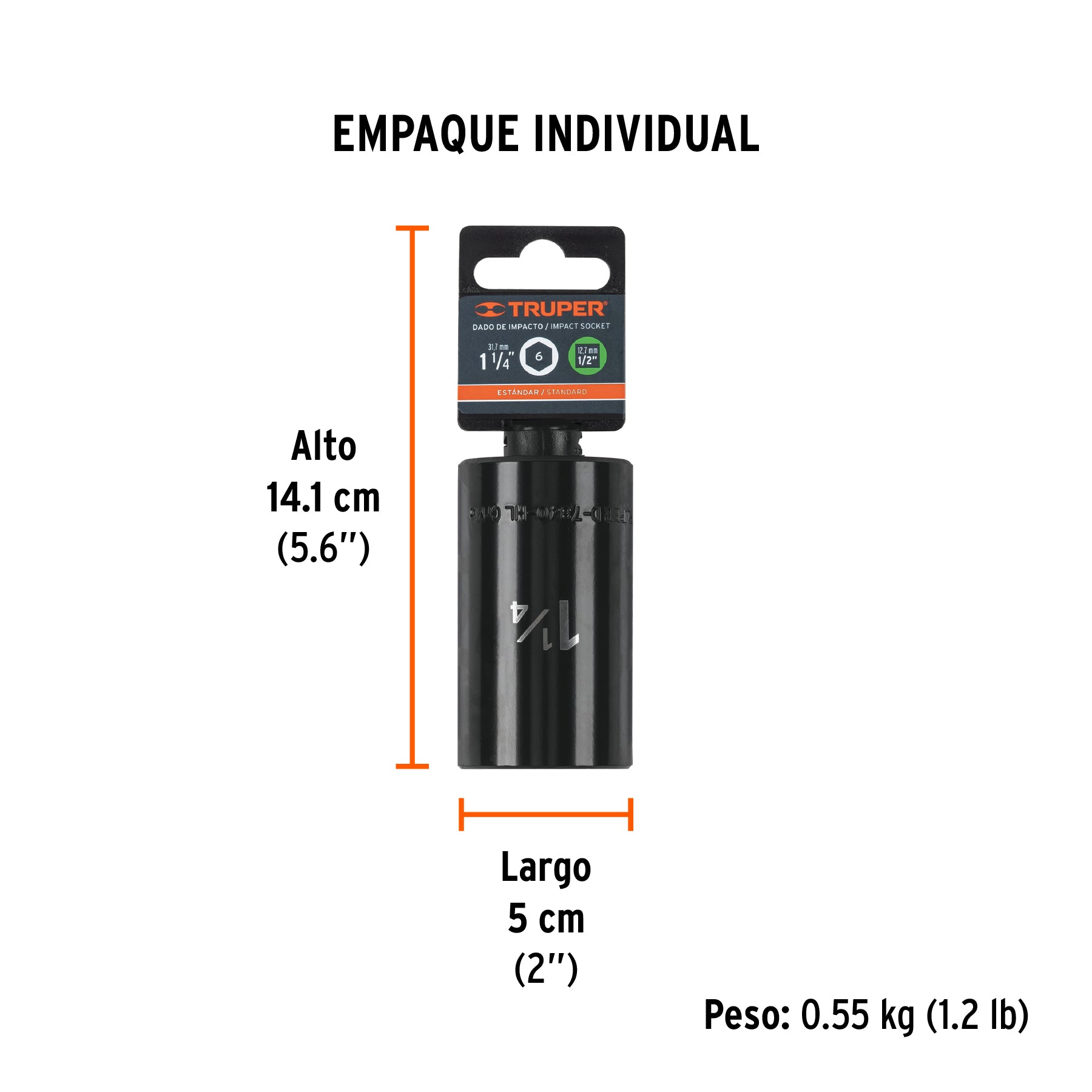 Dado de impacto, 6 puntas, cuadro 1/2" de 1-1/4"..