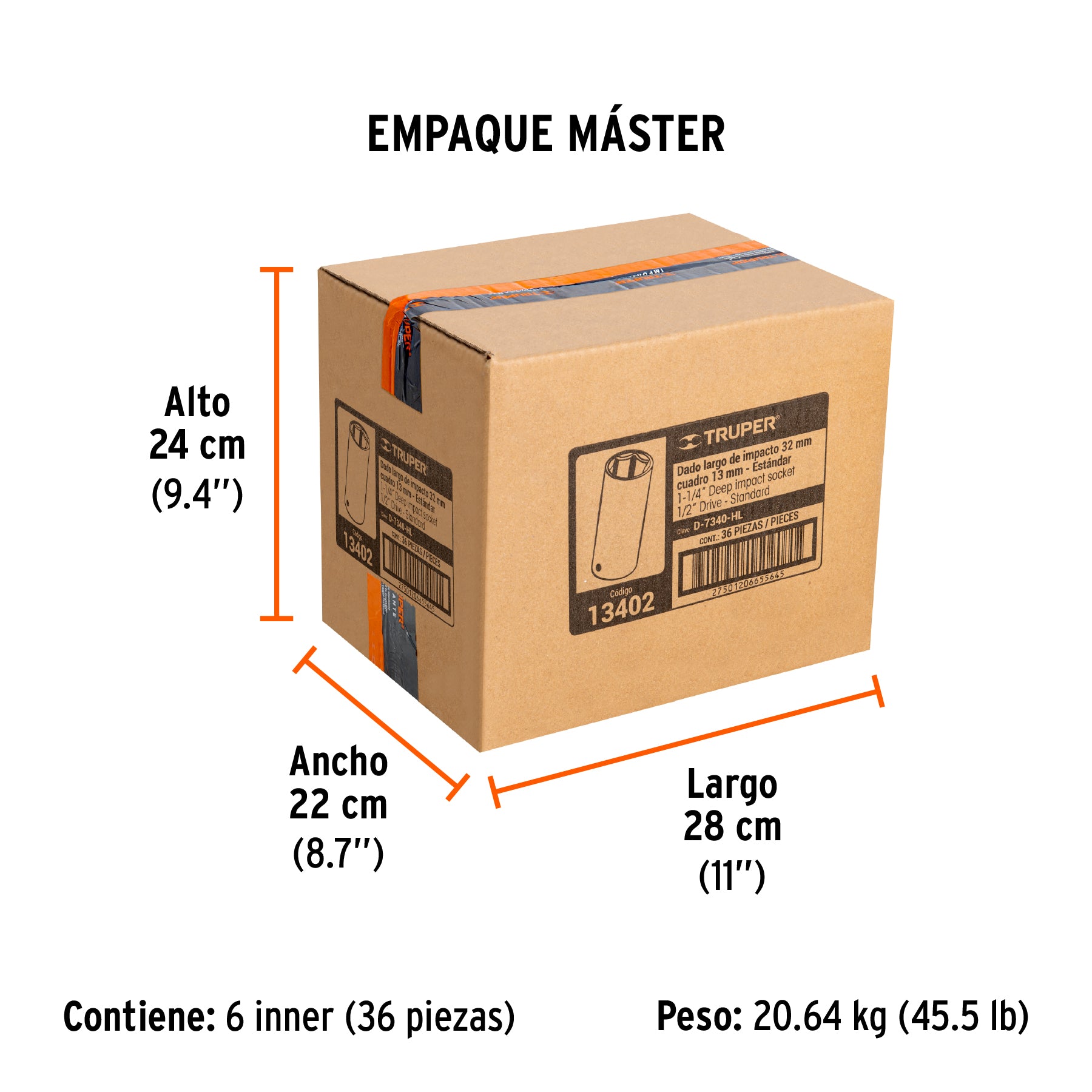 Dado de impacto, 6 puntas, cuadro 1/2" de 1-1/4"..