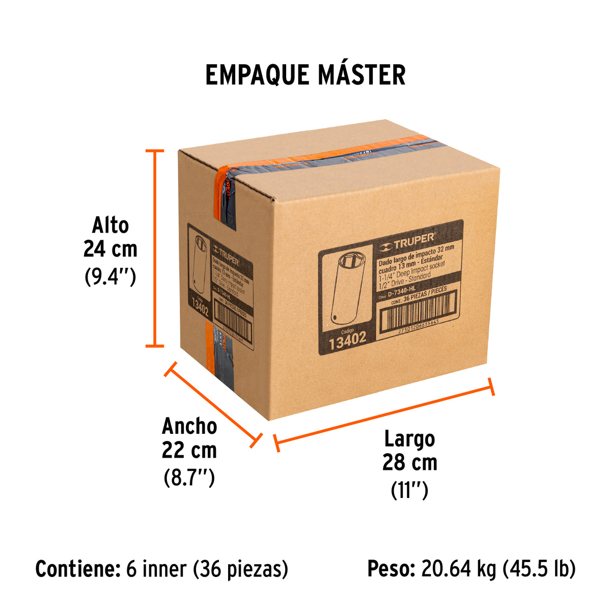Dado de impacto, 6 puntas, cuadro 1/2" de 1-1/4"..