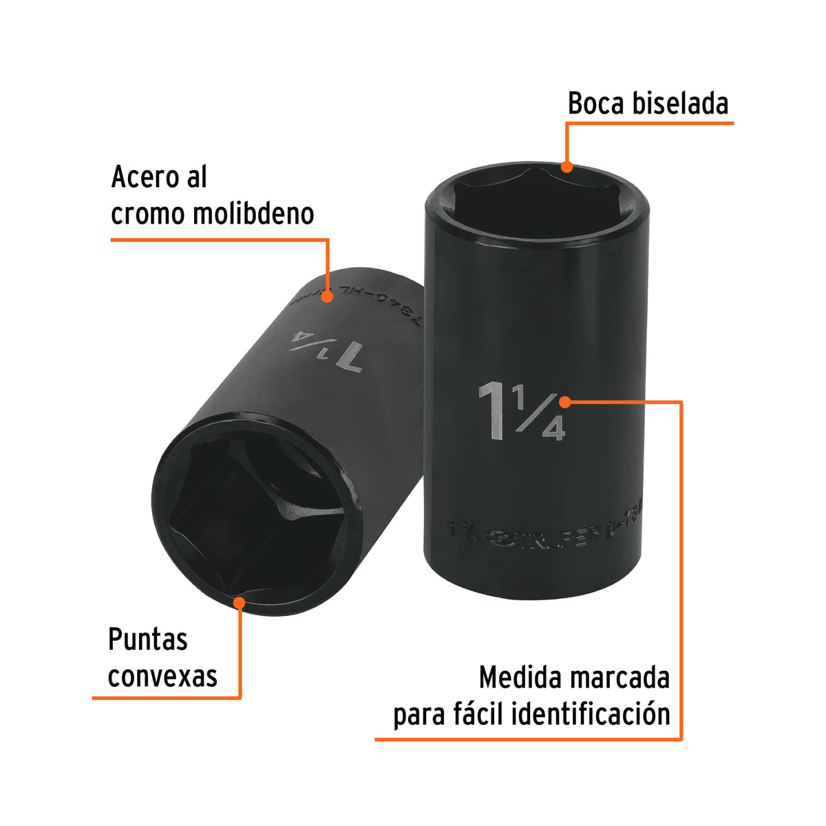 Dado de impacto, 6 puntas, cuadro 1/2" de 1-1/4"..