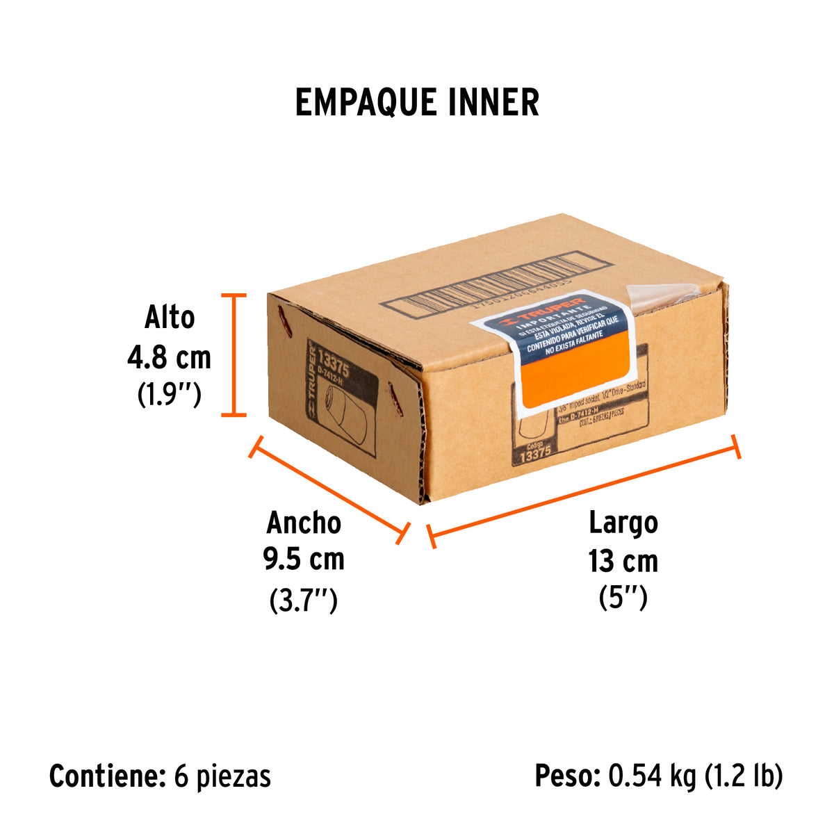 Dado de impacto, 6 puntas, cuadro 1/2" de 3/8"