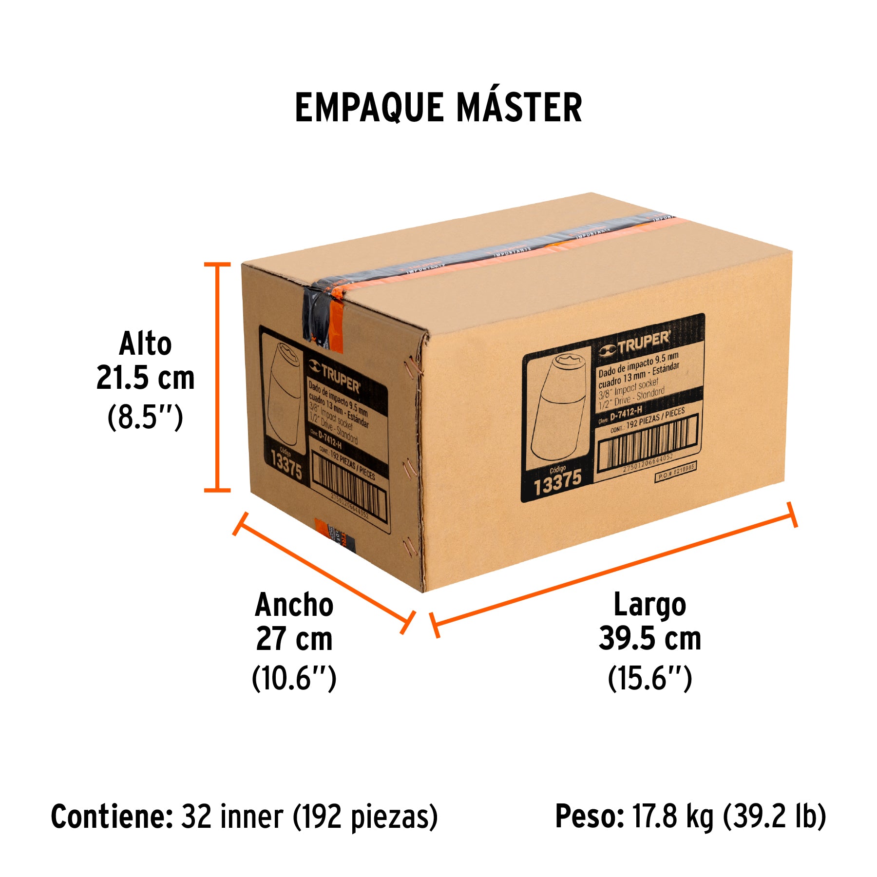 Dado de impacto, 6 puntas, cuadro 1/2" de 3/8"