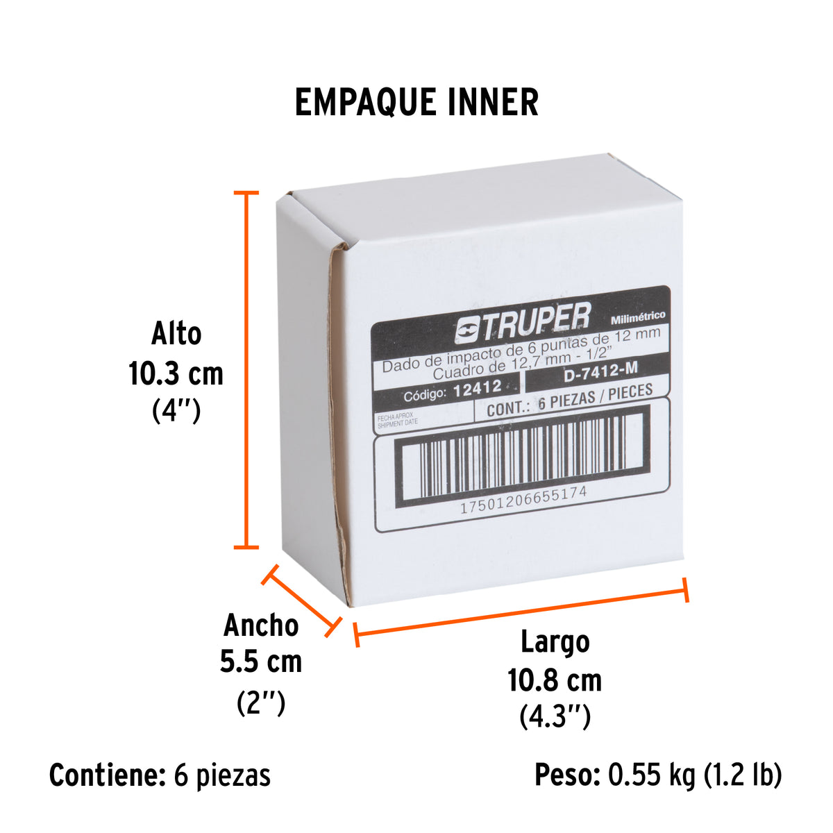 Dado de impacto, 6 puntas, cuadro 1/2" de 12mm