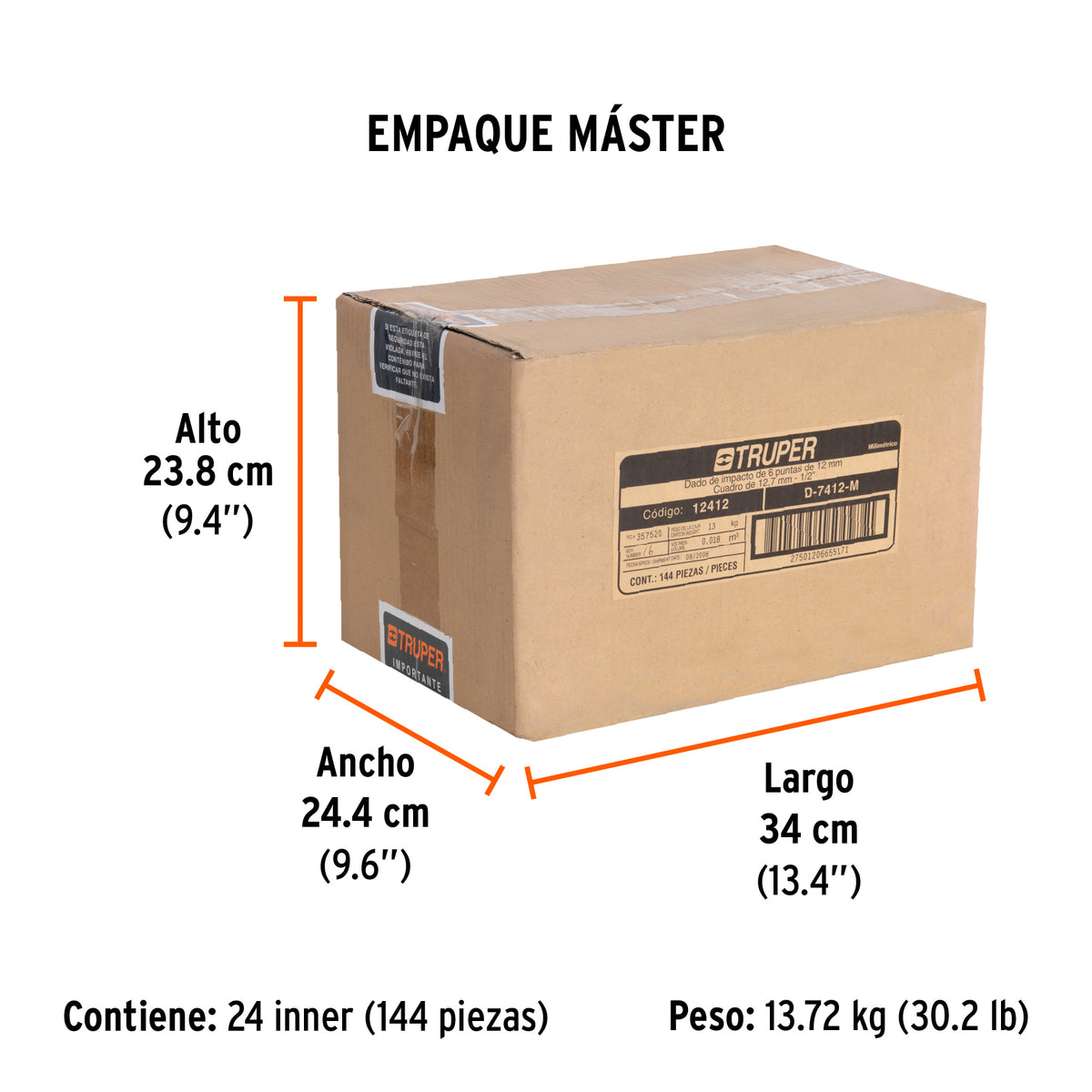 Dado de impacto, 6 puntas, cuadro 1/2" de 12mm