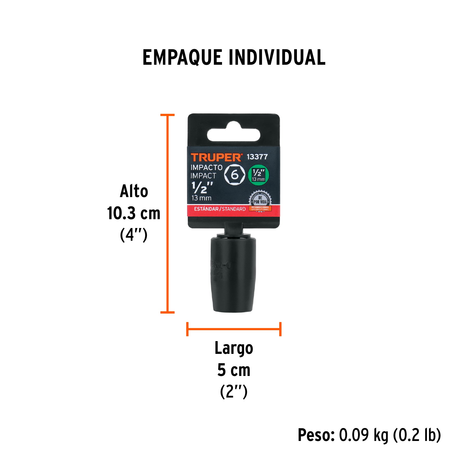 Dado de impacto, 6 puntas, cuadro 1/2" de 1/2"