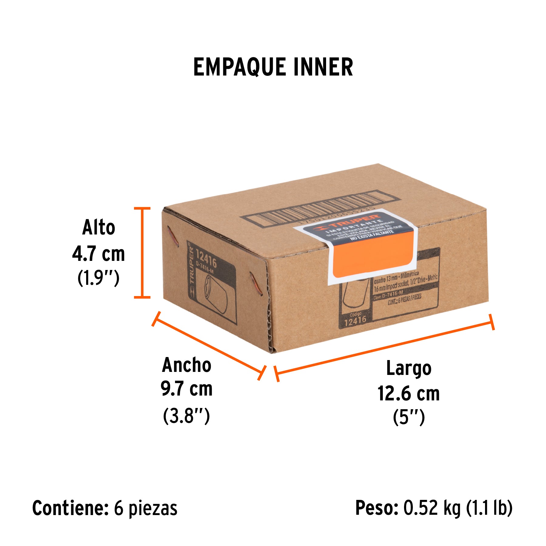 Dado de impacto, 6 puntas, cuadro 1/2" de 16mm