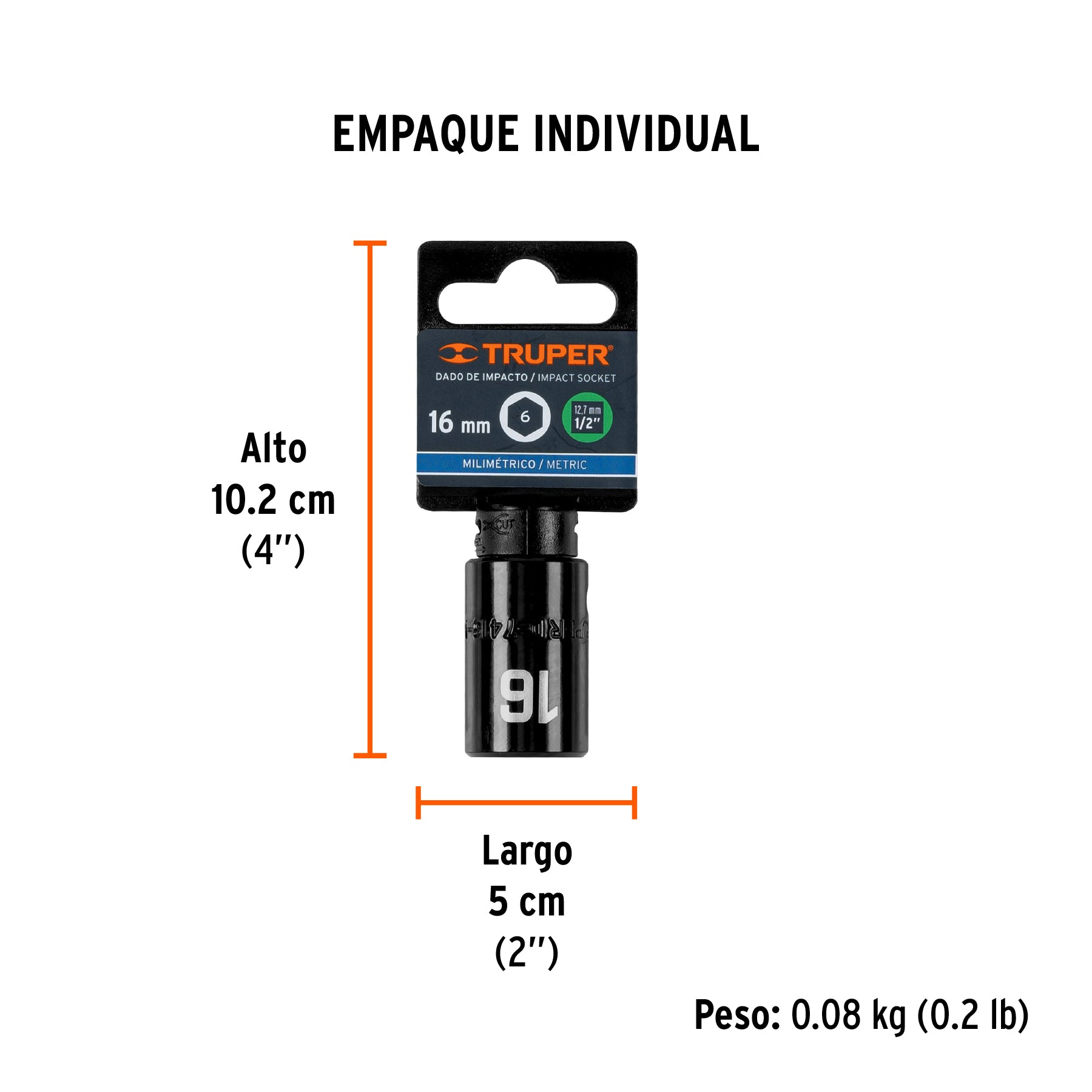 Dado de impacto, 6 puntas, cuadro 1/2" de 16mm