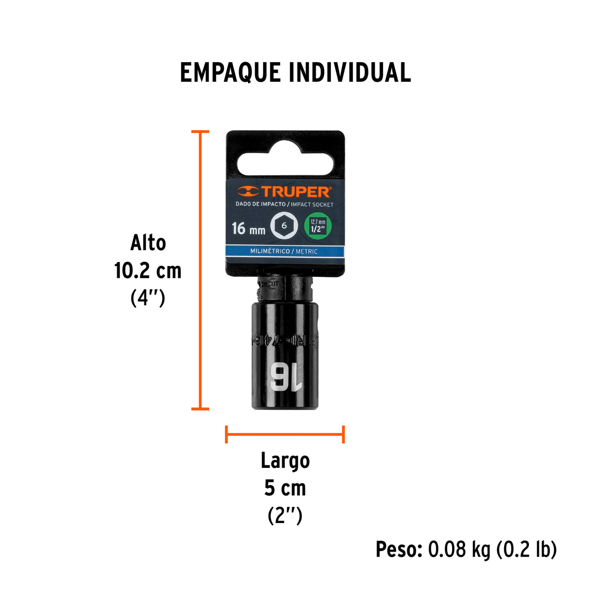 Dado de impacto, 6 puntas, cuadro 1/2" de 16mm