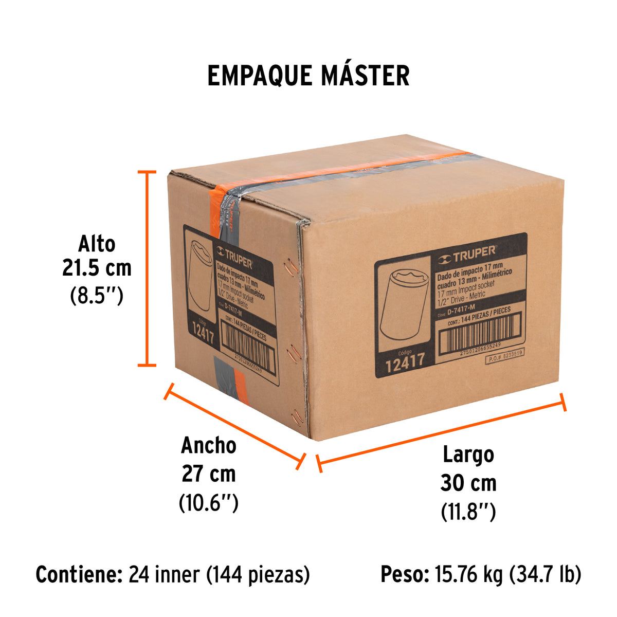 Dado de impacto, 6 puntas, cuadro 1/2" de 17mm