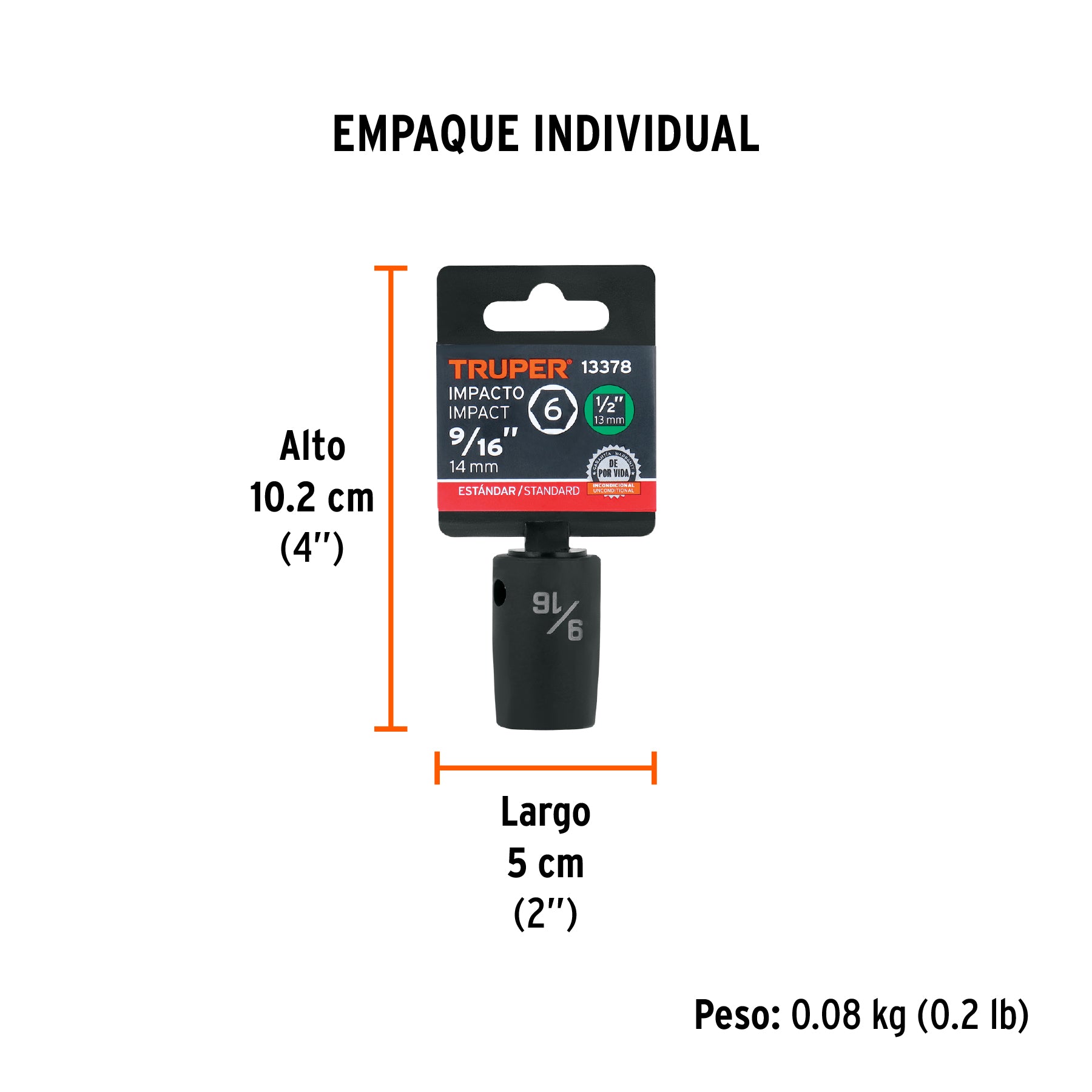 Dado de impacto, 6 puntas, cuadro 1/2" de 9/16"