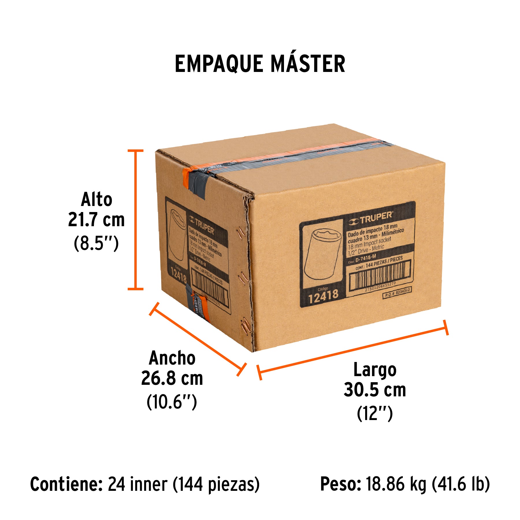 Dado de impacto, 6 puntas, cuadro 1/2" de 18mm