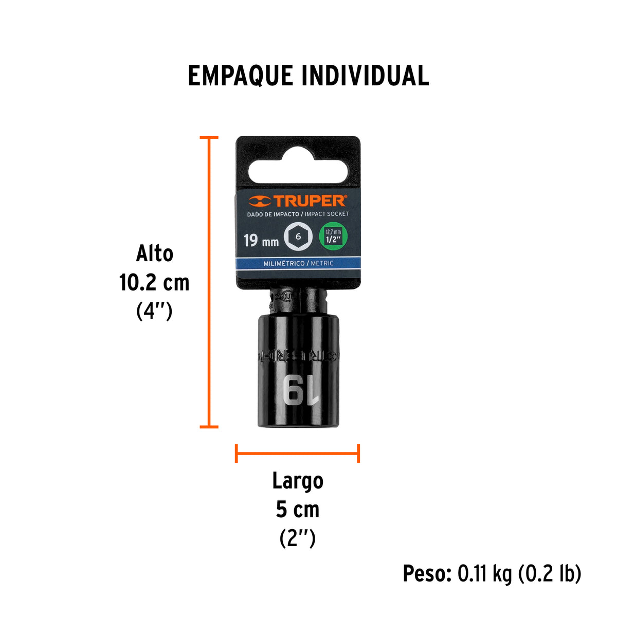 Dado de impacto, 6 puntas, cuadro 1/2" de 19mm