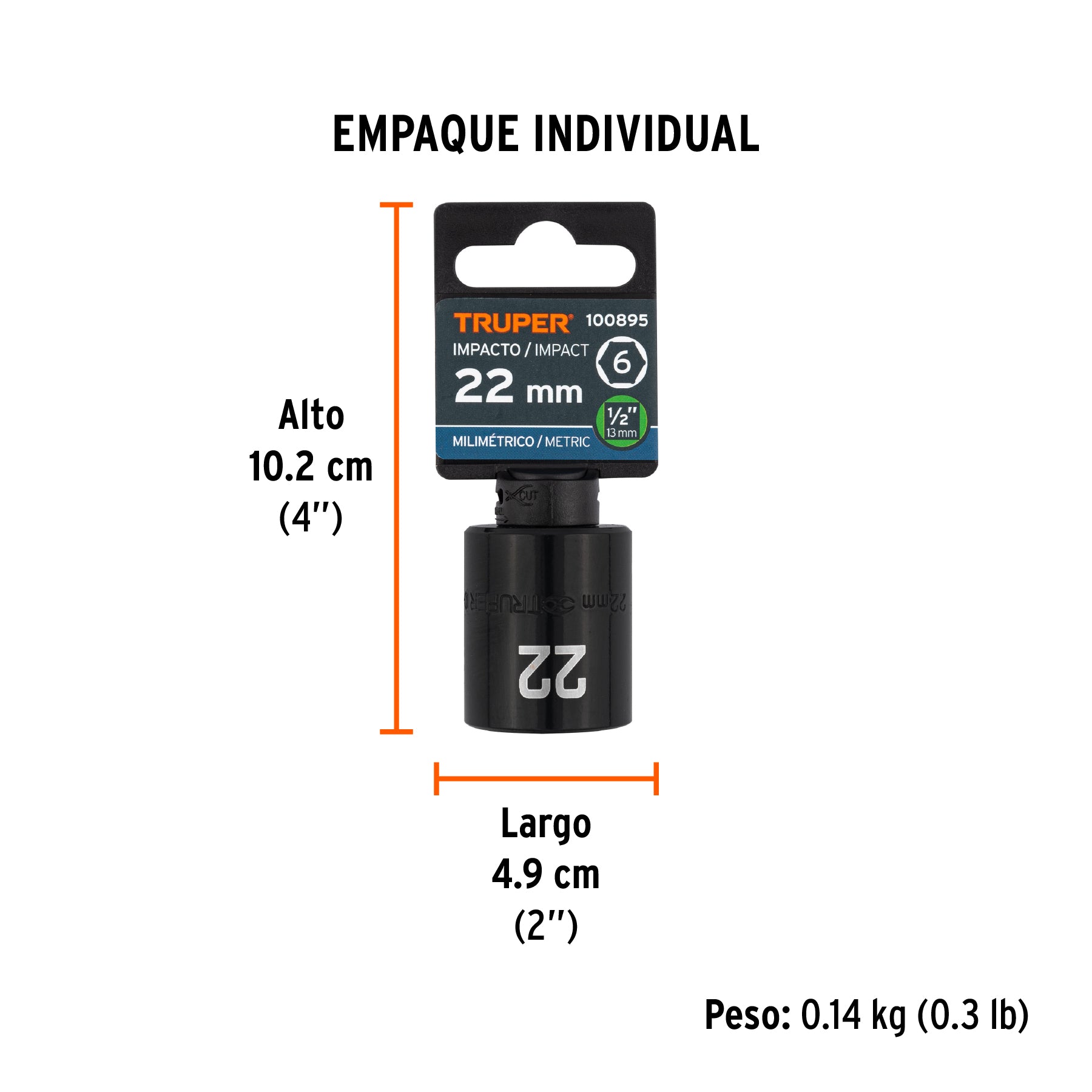 Dado de impacto de 22 mm, 6 puntas, cuadro 1/2', Truper