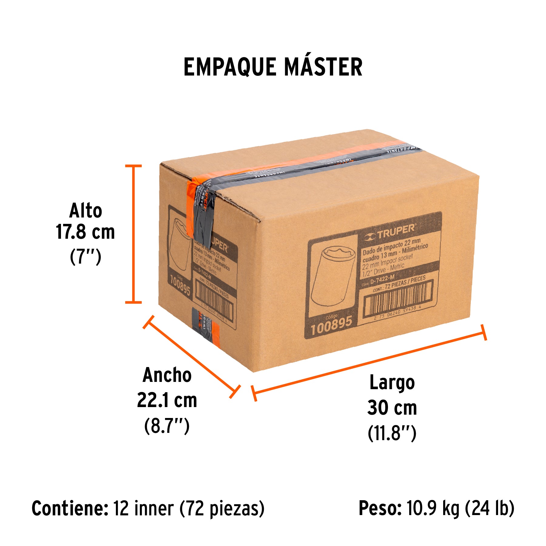 Dado de impacto de 22 mm, 6 puntas, cuadro 1/2', Truper